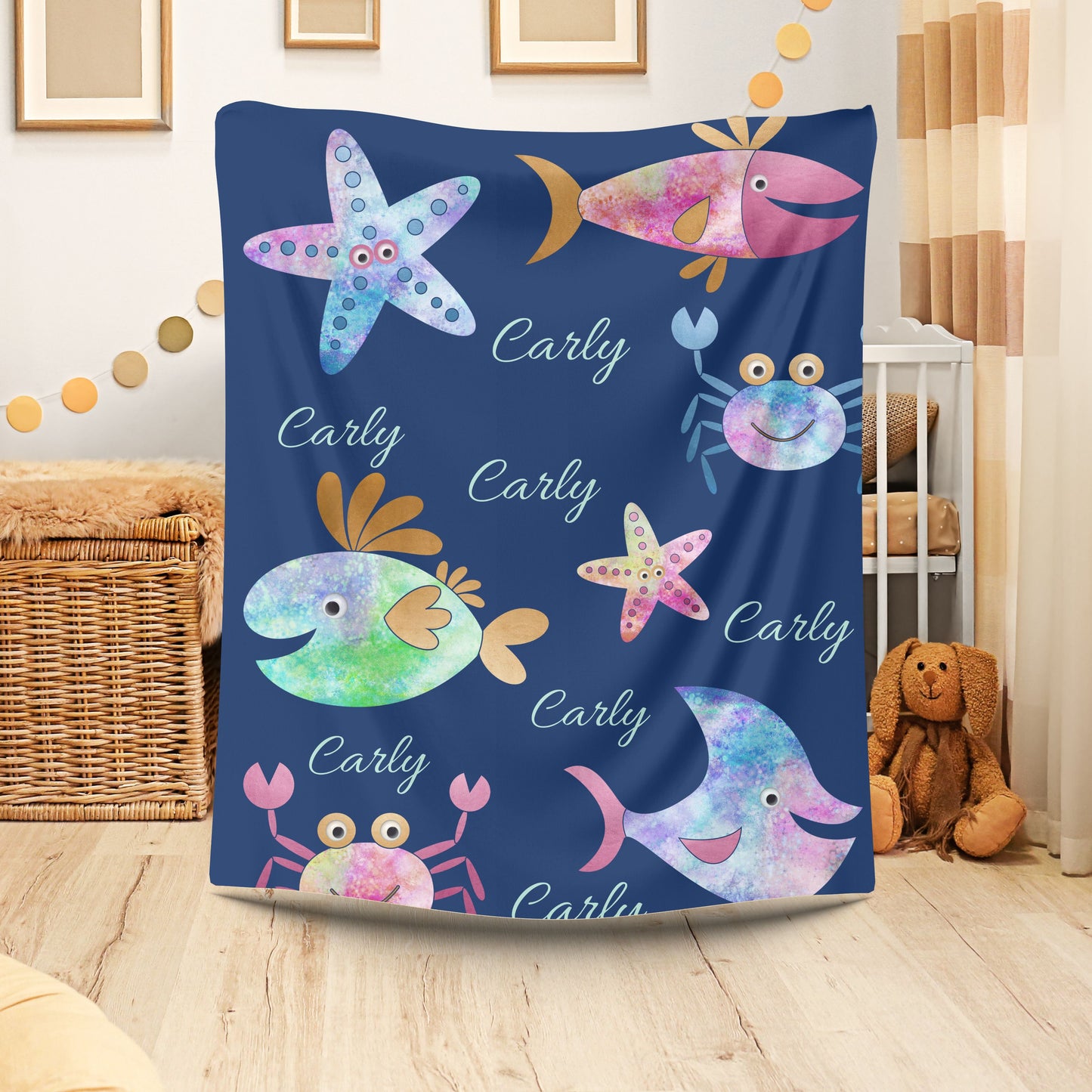 Personalized Velveteen Plush Blanket - Colorful Sea Creatures Design, Custom Gift, Kids Bedroom Decor, Cozy Blanket, Kids Gift