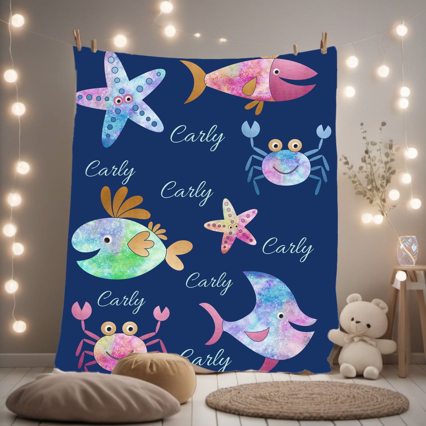 Personalized Velveteen Plush Blanket - Colorful Sea Creatures Design, Custom Gift, Kids Bedroom Decor, Cozy Blanket, Kids Gift