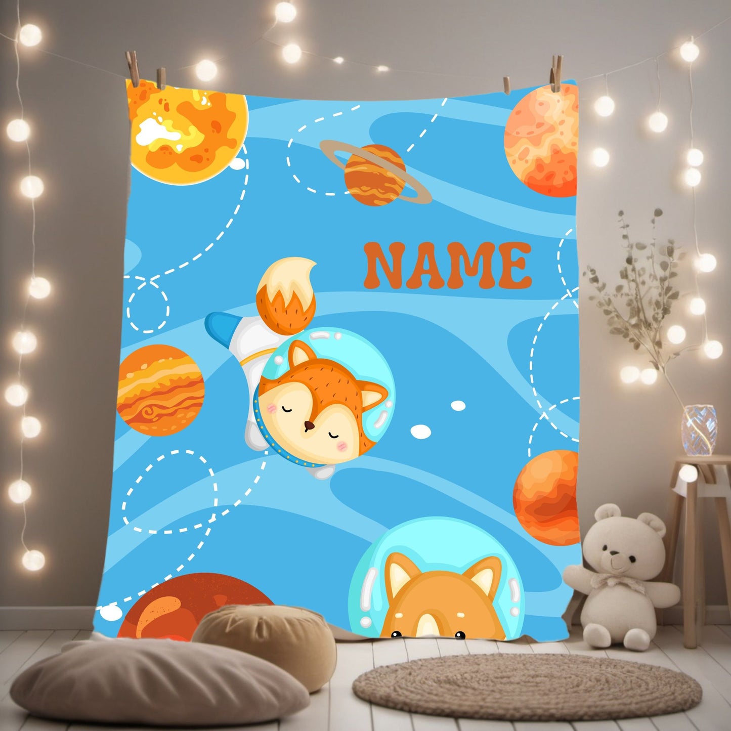 Cute Planetary Velveteen Plush Blanket | Personalized Gift | Kids Room Decor, Cozy Throw, Space Theme, Baby Shower, Birthday Gift