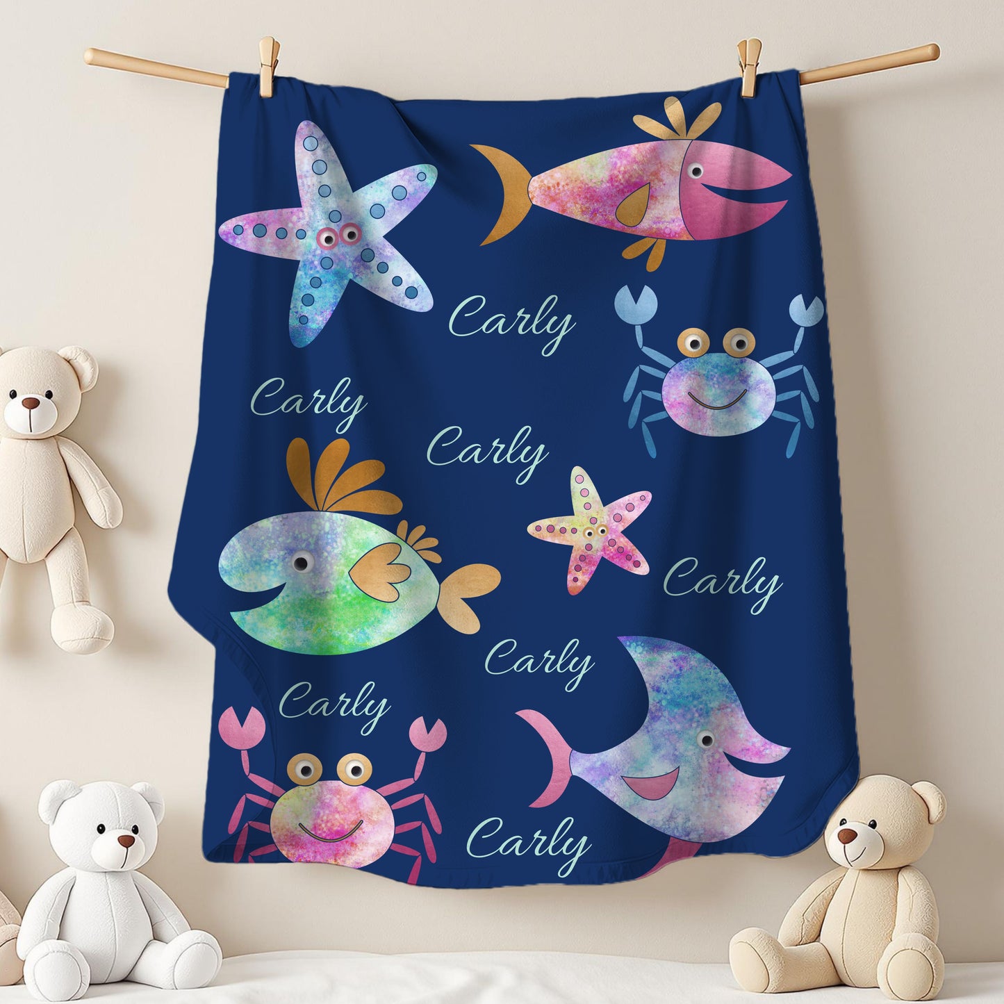 Personalized Velveteen Plush Blanket - Colorful Sea Creatures Design, Custom Gift, Kids Bedroom Decor, Cozy Blanket, Kids Gift