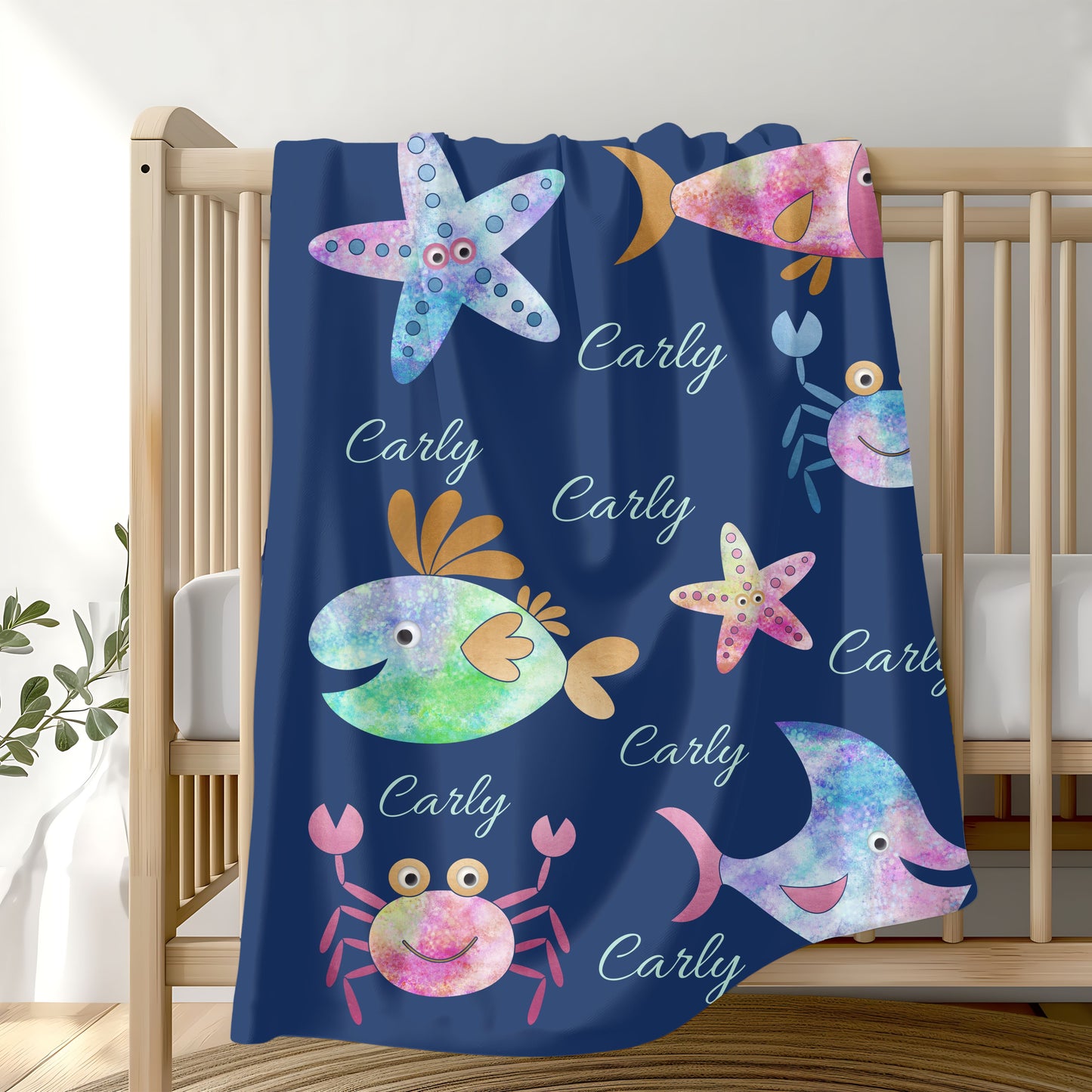 Personalized Velveteen Plush Blanket - Colorful Sea Creatures Design, Custom Gift, Kids Bedroom Decor, Cozy Blanket, Kids Gift