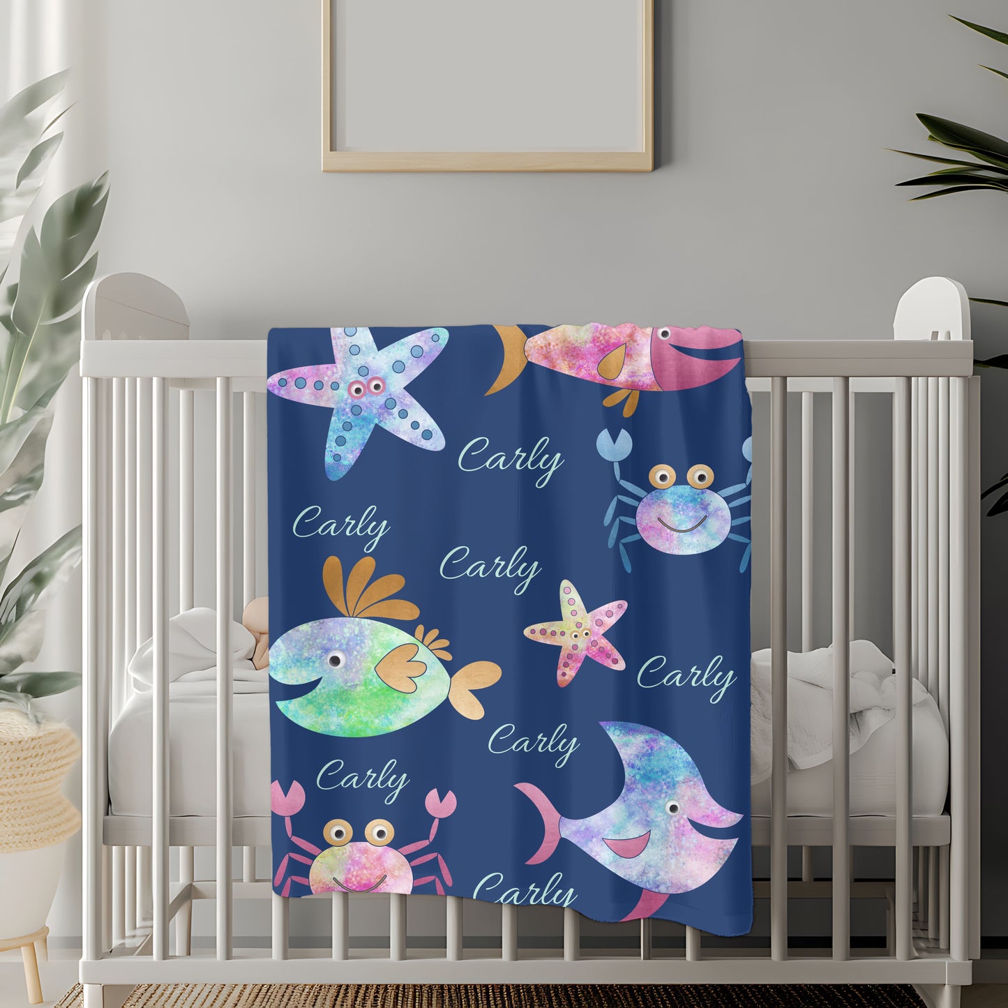 Personalized Velveteen Plush Blanket - Colorful Sea Creatures Design, Custom Gift, Kids Bedroom Decor, Cozy Blanket, Kids Gift
