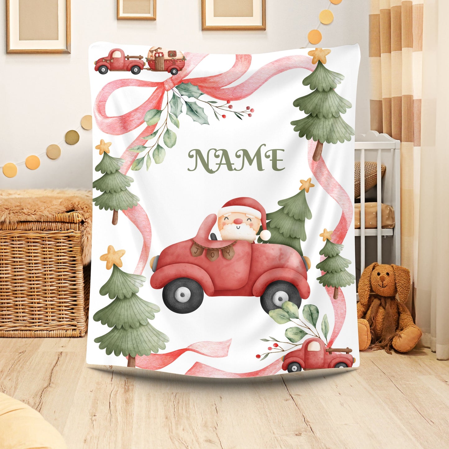 Cozy Holiday Velveteen Plush Blanket, Personalized Christmas Blanket, Santa Car Throw, Winter Gifts, Festive Home Decor