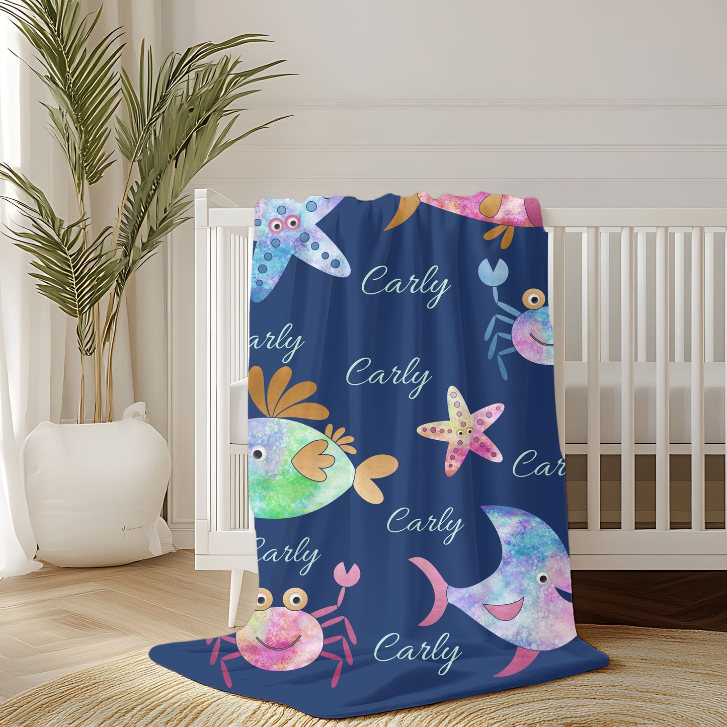 Personalized Velveteen Plush Blanket - Colorful Sea Creatures Design, Custom Gift, Kids Bedroom Decor, Cozy Blanket, Kids Gift