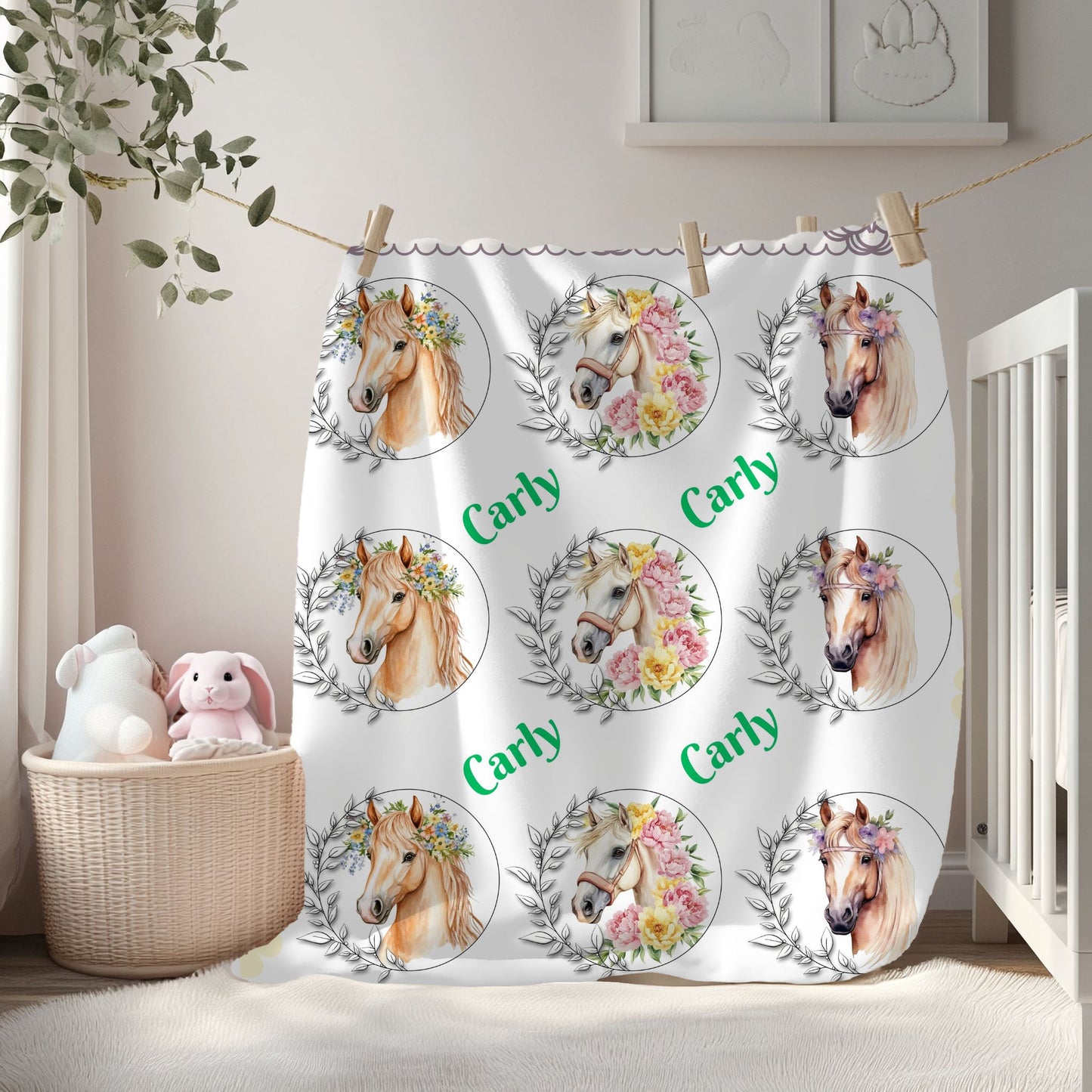 Personalized Horse Lover's Blanket, Velveteen Plush Blanket, Cozy Gift for Kids, Horse-Themed Decor, Unique Nursery Item