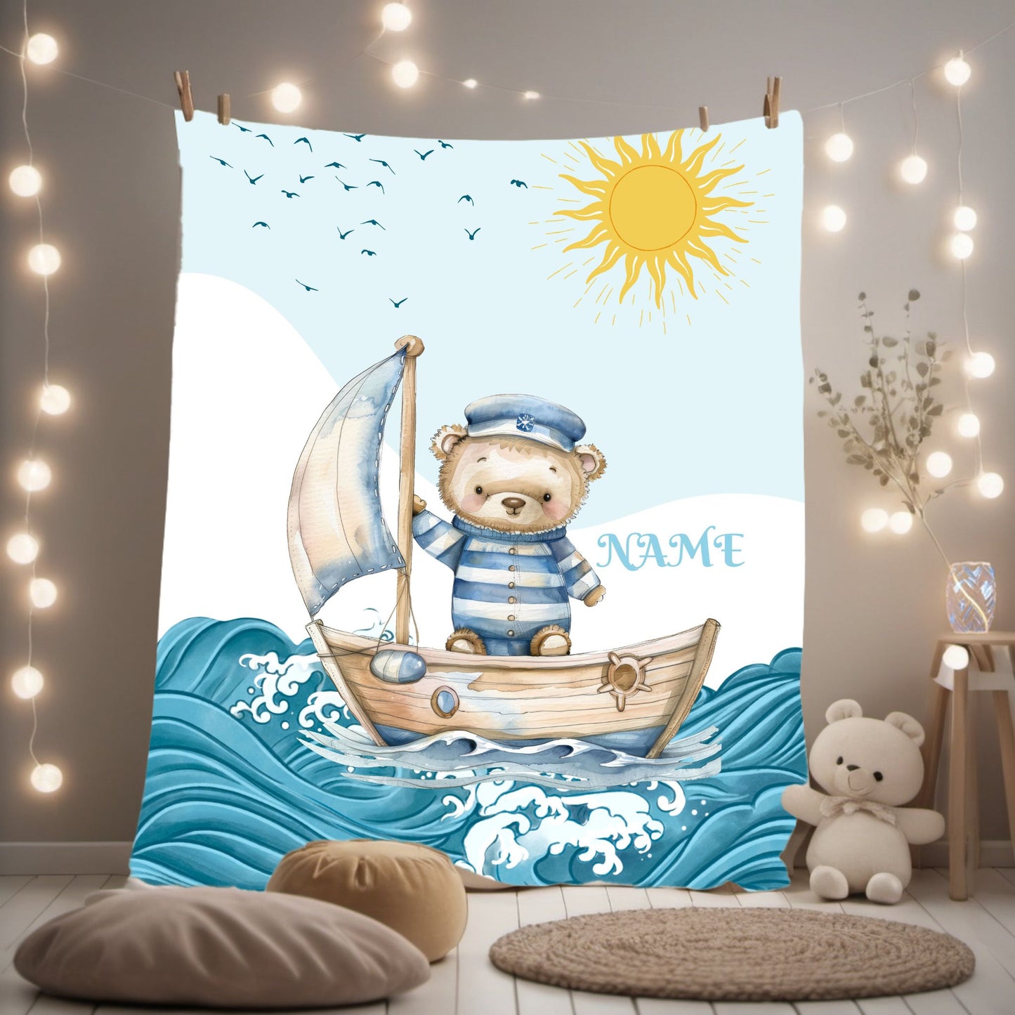 Nautical Bear Plush Blanket, Personalized Baby Blanket, Nursery Decor, Gift for New Parents, Cozy Blanket for Kids