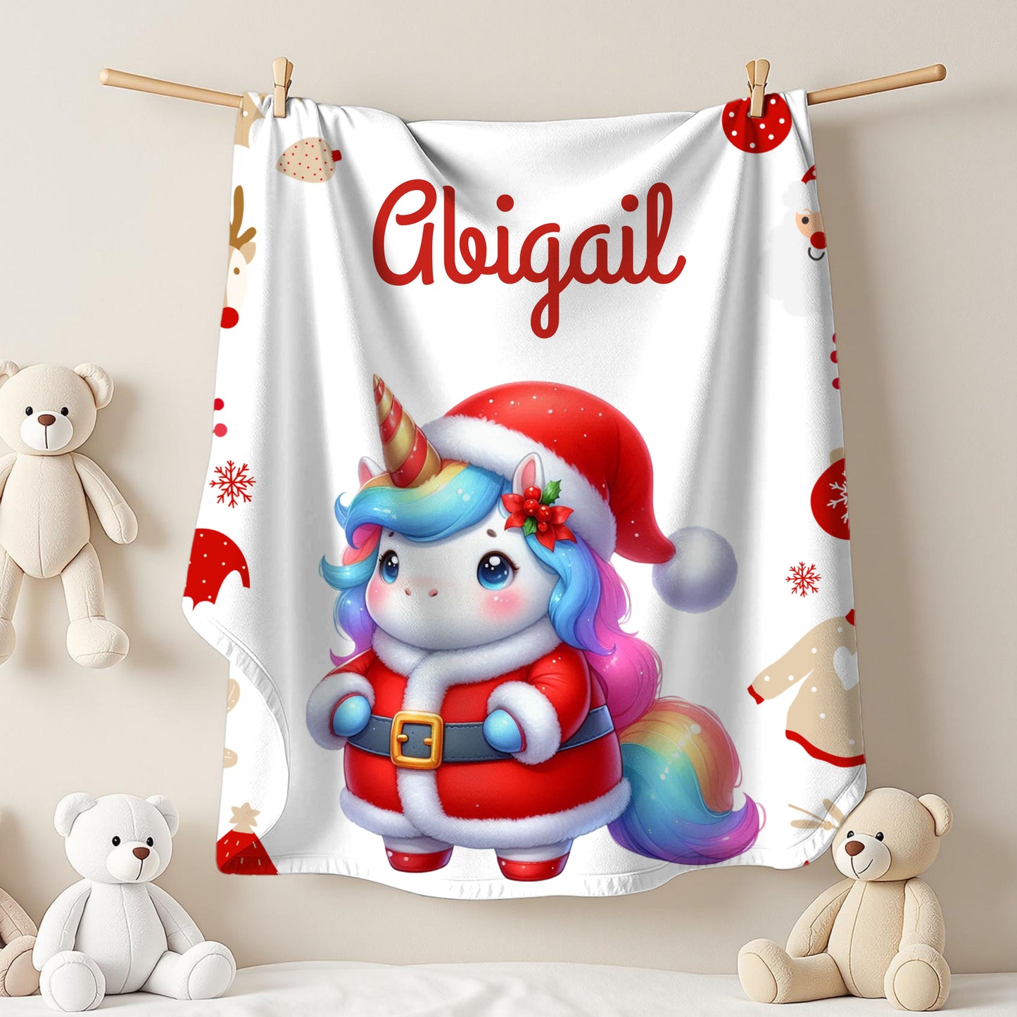 Christmas Unicorn Plush Blanket, Personalized Holiday Throw, Cozy Kids Blanket, Unicorn Gifts, Winter Decor