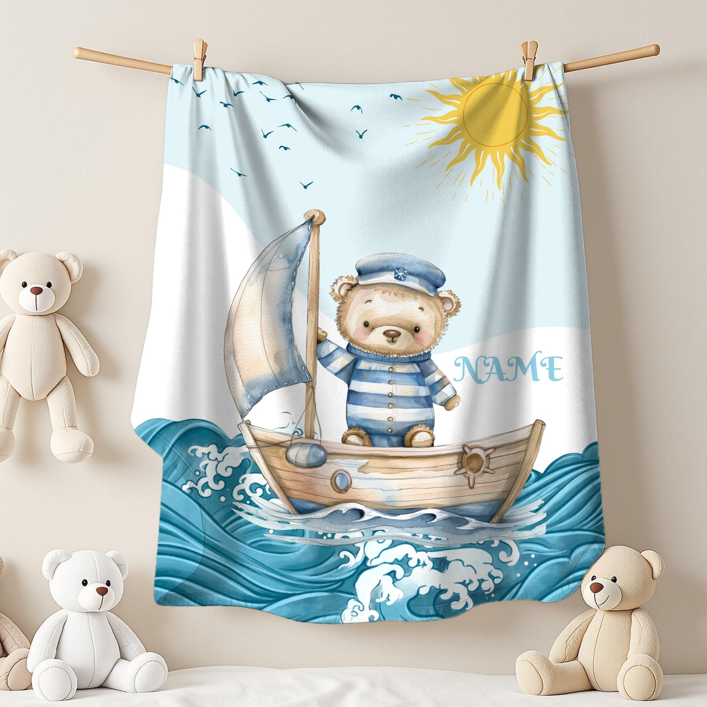 Nautical Bear Plush Blanket, Personalized Baby Blanket, Nursery Decor, Gift for New Parents, Cozy Blanket for Kids