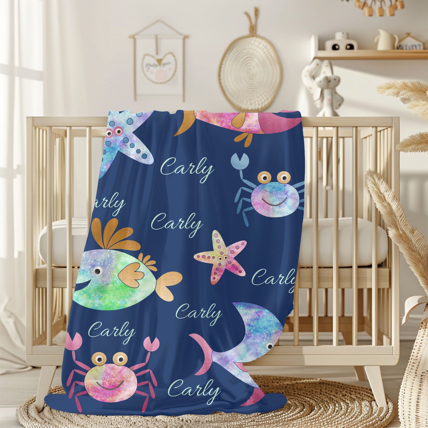 Personalized Velveteen Plush Blanket - Colorful Sea Creatures Design, Custom Gift, Kids Bedroom Decor, Cozy Blanket, Kids Gift