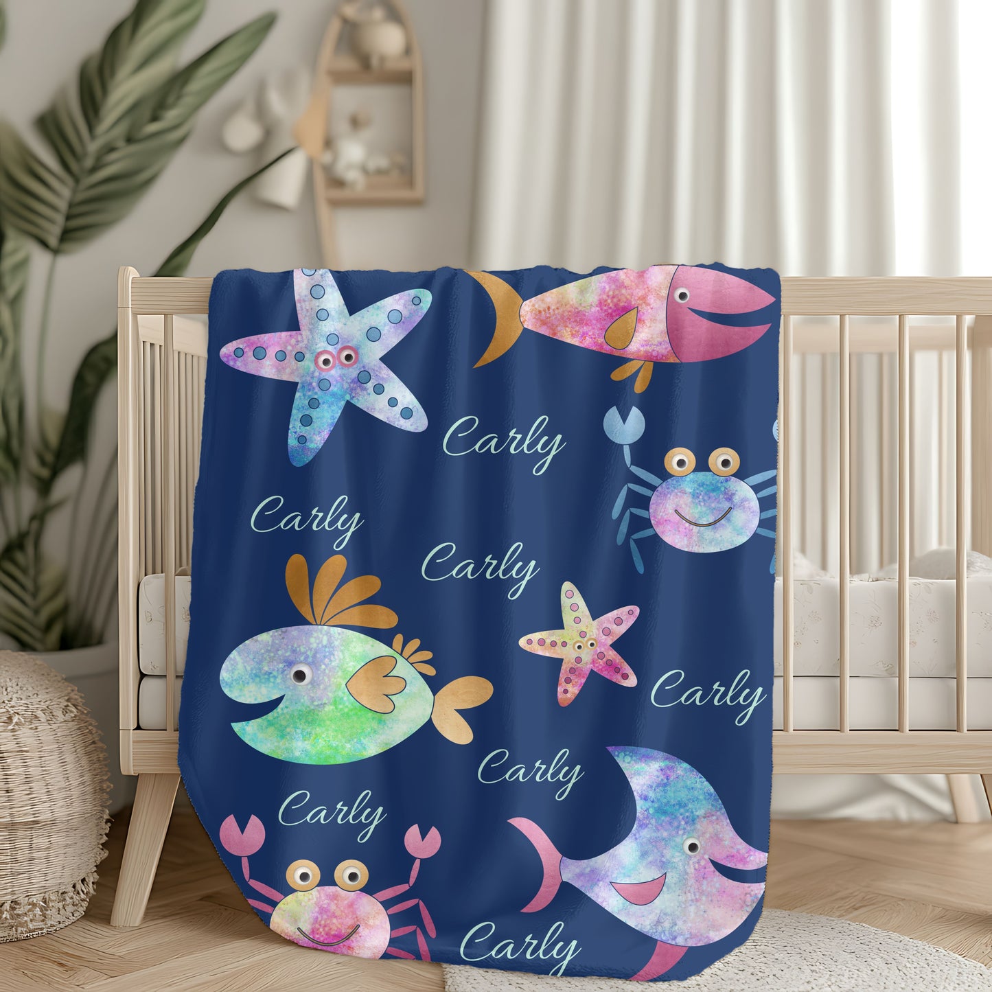 Personalized Velveteen Plush Blanket - Colorful Sea Creatures Design, Custom Gift, Kids Bedroom Decor, Cozy Blanket, Kids Gift