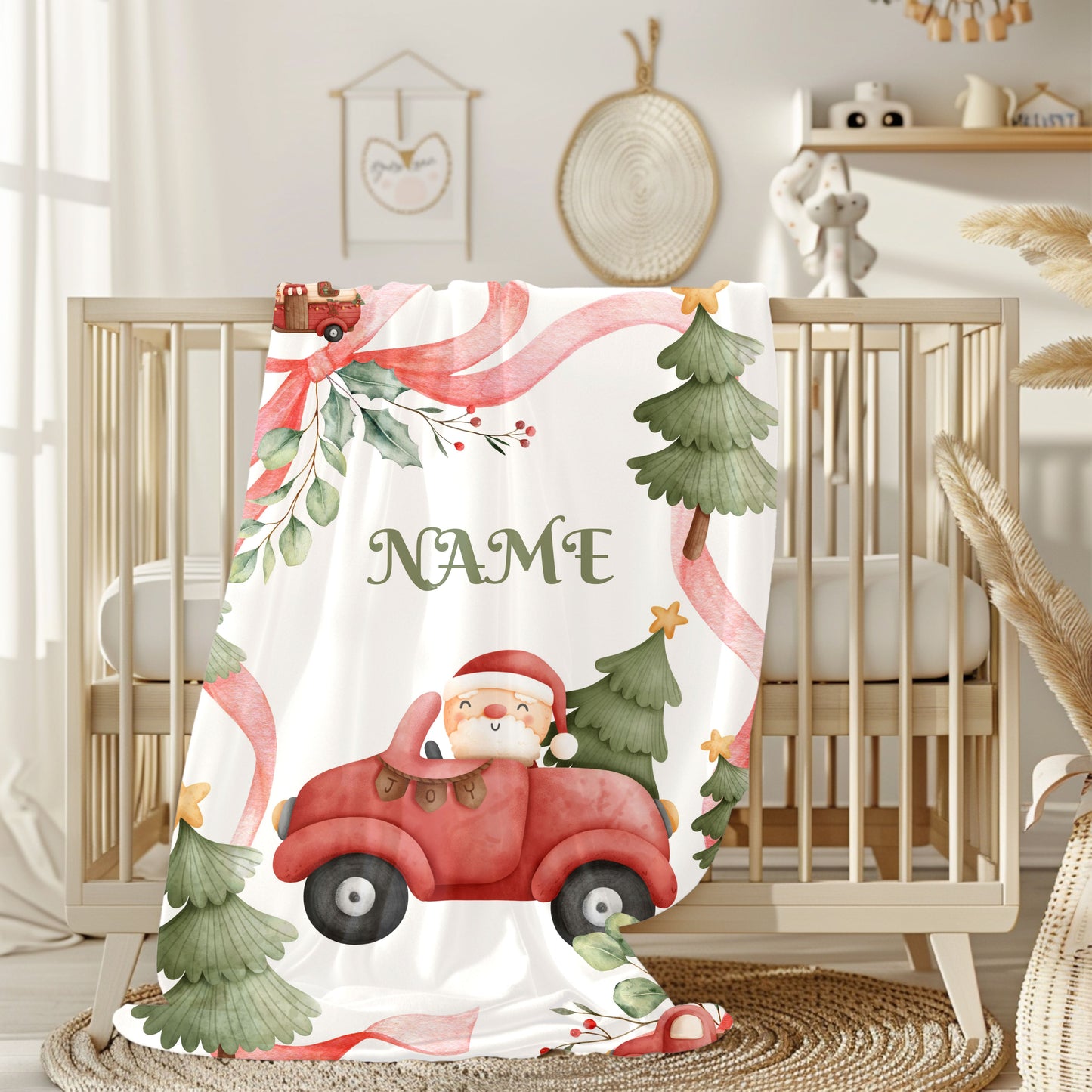 Cozy Holiday Velveteen Plush Blanket, Personalized Christmas Blanket, Santa Car Throw, Winter Gifts, Festive Home Decor