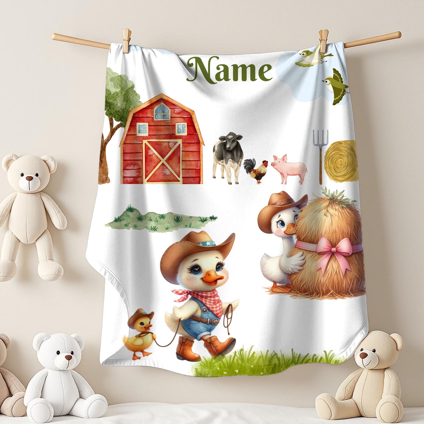 Personalized Farm Animal Velveteen Blanket, Cute Nursery Decor, Baby Shower Gift, Cozy Plush Throw, Customized Name Comfort
