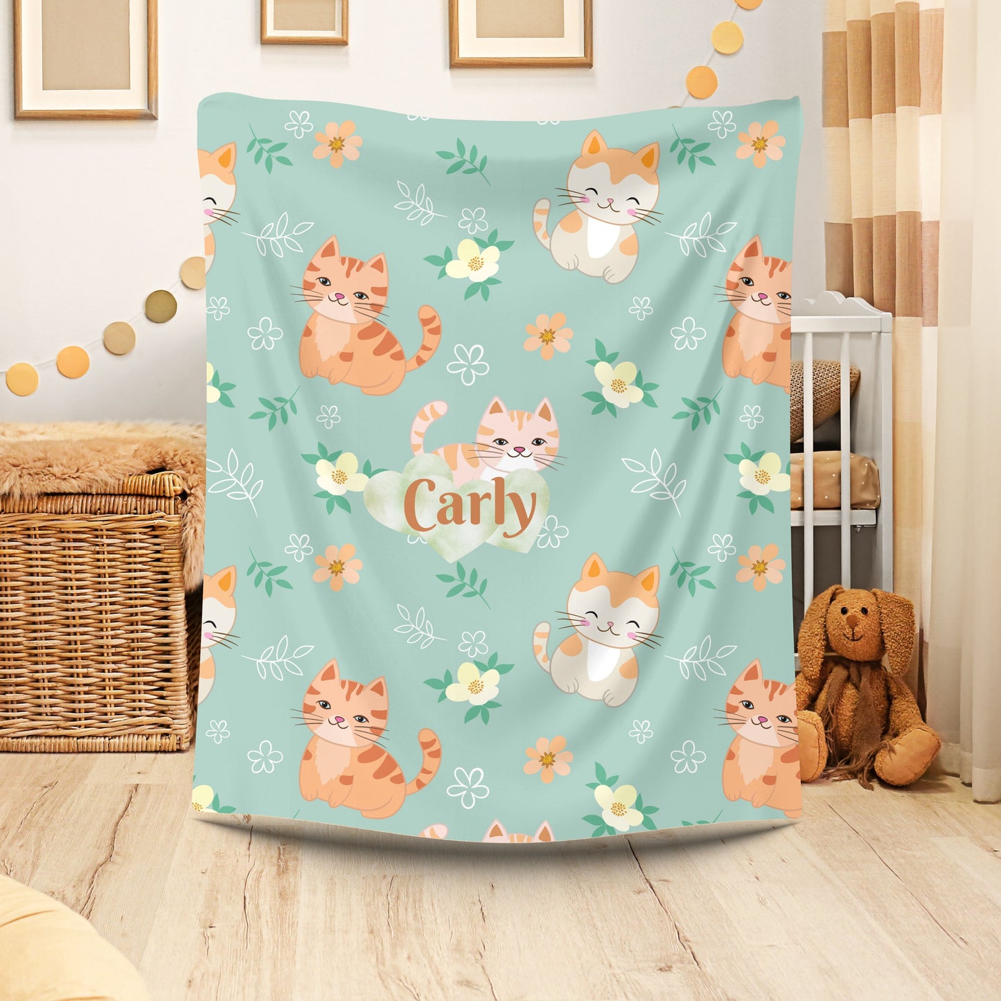 Personalized Cat Plush Blanket, Cozy Throw for Cat Lovers, Gift for Kids, Custom Name Blanket, Cat Lover Home Decor, Cute Floral Blanket