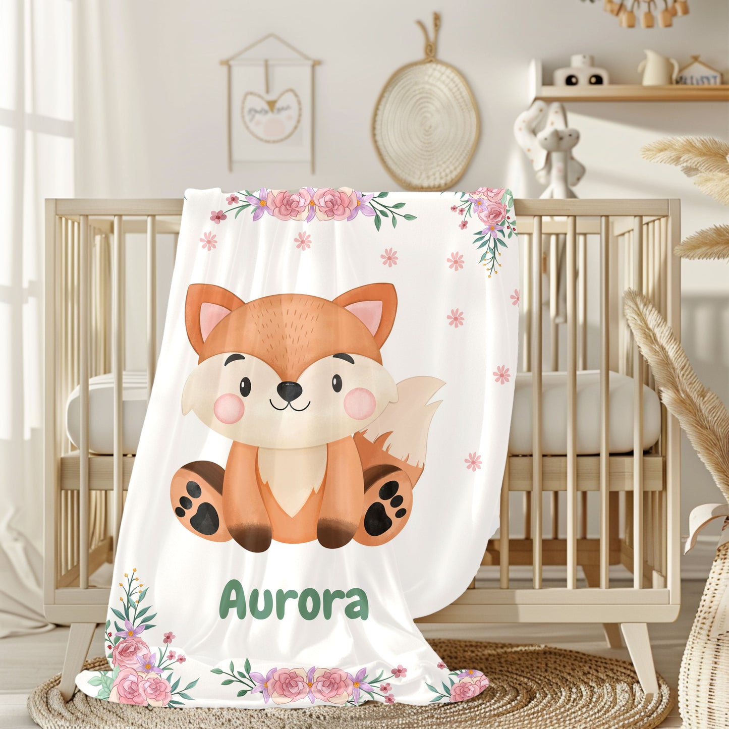 Personalized Velveteen Plush Blanket with Adorable Fox Design, Cozy Nursery Decor, Gift for Baby Shower, Kids Room, Custom Blanket