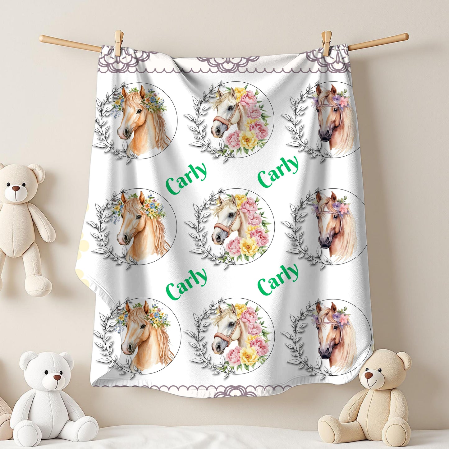 Personalized Horse Lover's Blanket, Velveteen Plush Blanket, Cozy Gift for Kids, Horse-Themed Decor, Unique Nursery Item