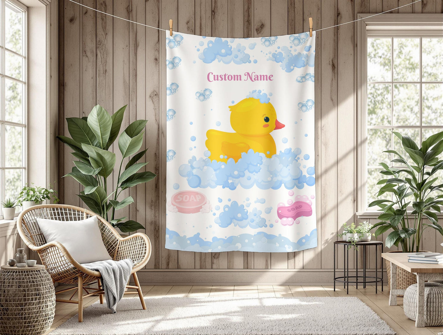 Custom Duck Bath Time Velveteen Plush Blanket, Baby Shower Gift, Nursery Decor, Personalized Blanket, Soft Throw Blanket