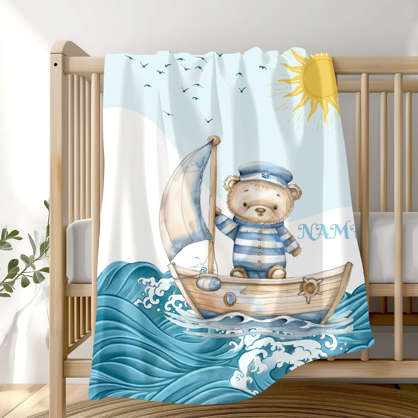 Nautical Bear Plush Blanket, Personalized Baby Blanket, Nursery Decor, Gift for New Parents, Cozy Blanket for Kids