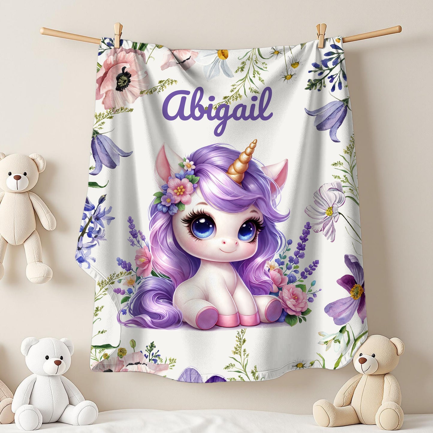 Personalized Unicorn Plush Blanket, Cozy Child's Blanket, Gift for Kids, Floral Throw, Child's Room Decor, Baby Shower Gift