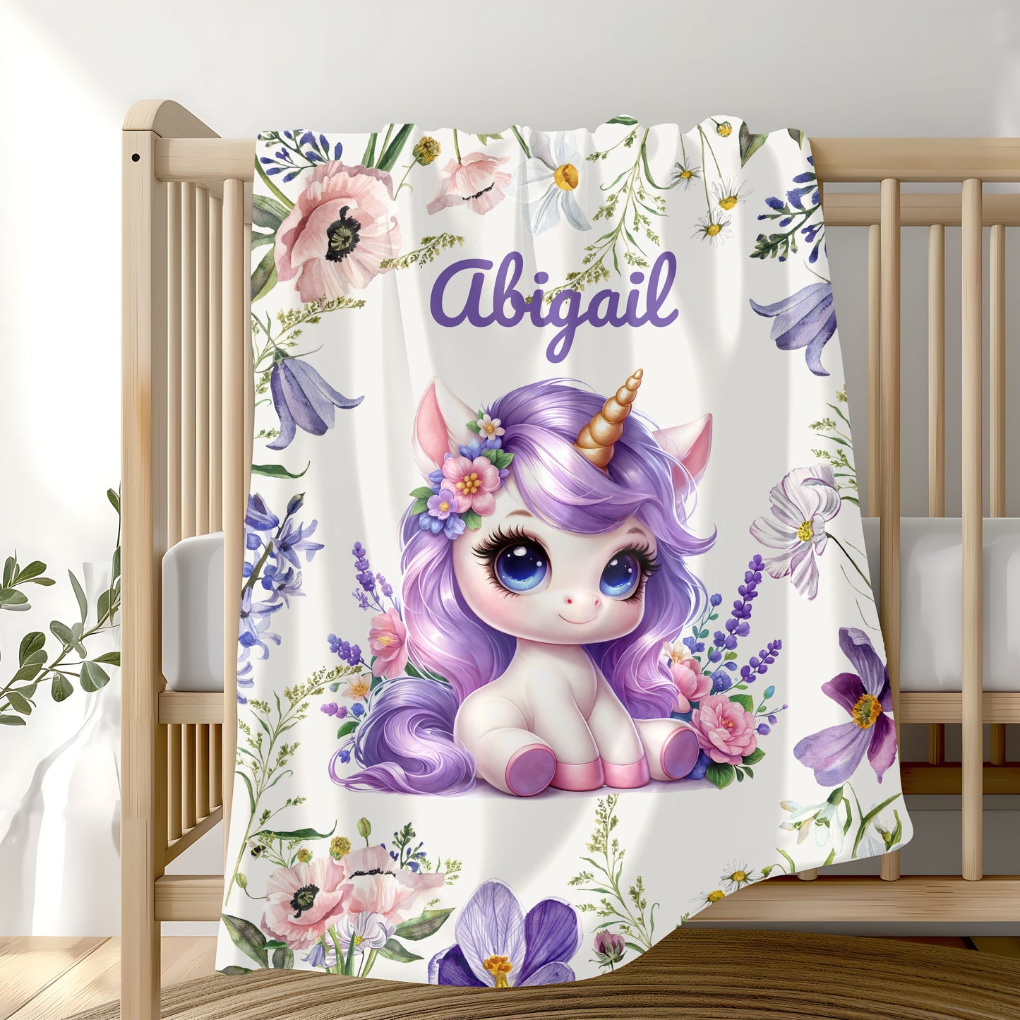 Personalized Unicorn Plush Blanket, Cozy Child's Blanket, Gift for Kids, Floral Throw, Child's Room Decor, Baby Shower Gift