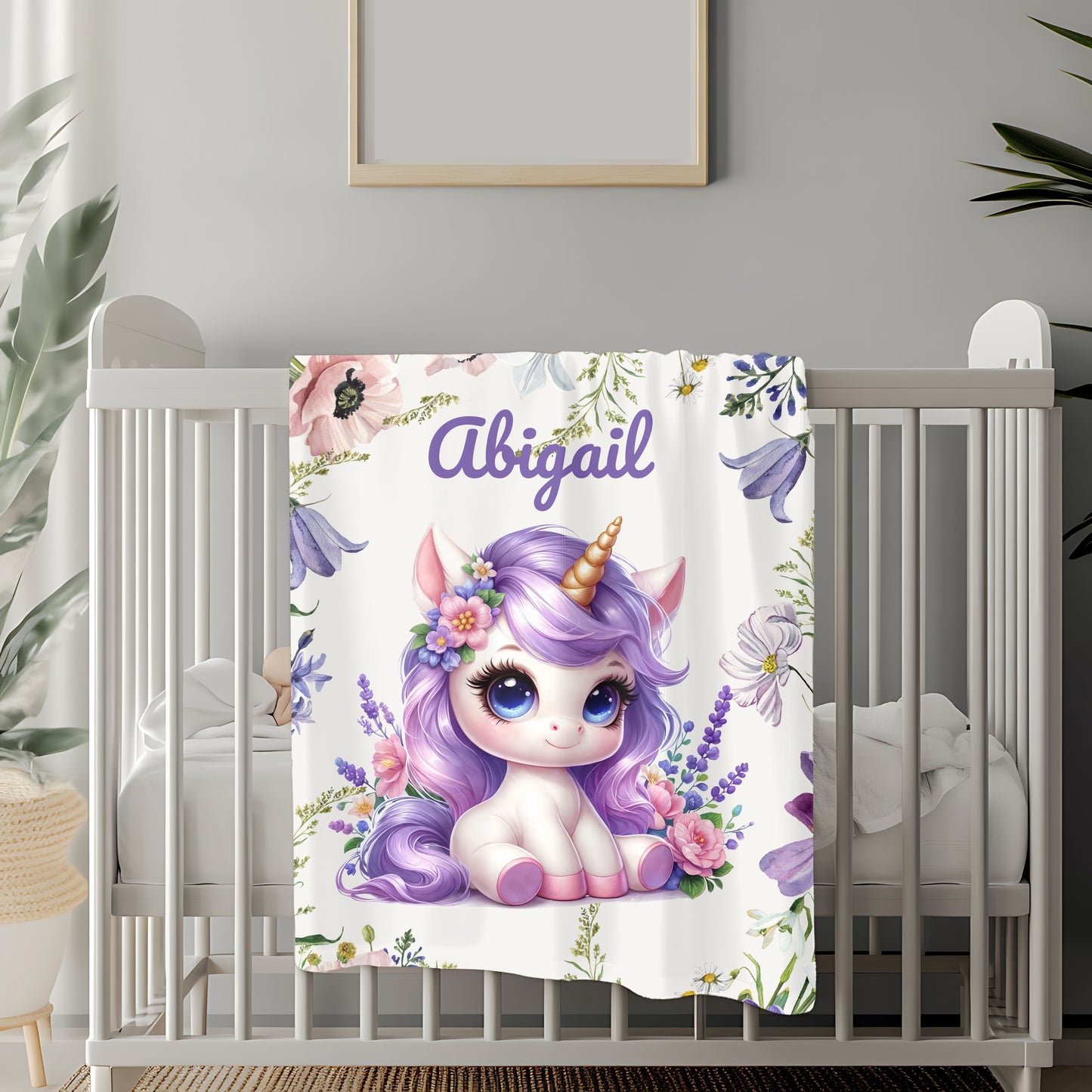 Personalized Unicorn Plush Blanket, Cozy Child's Blanket, Gift for Kids, Floral Throw, Child's Room Decor, Baby Shower Gift