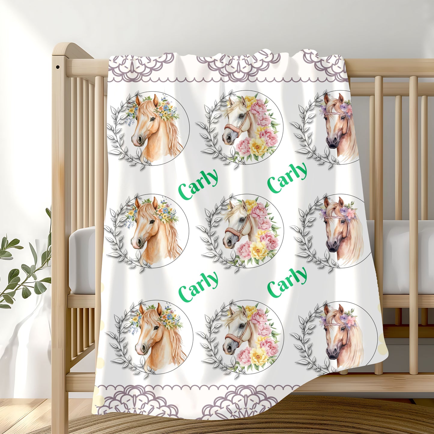 Personalized Horse Lover's Blanket, Velveteen Plush Blanket, Cozy Gift for Kids, Horse-Themed Decor, Unique Nursery Item