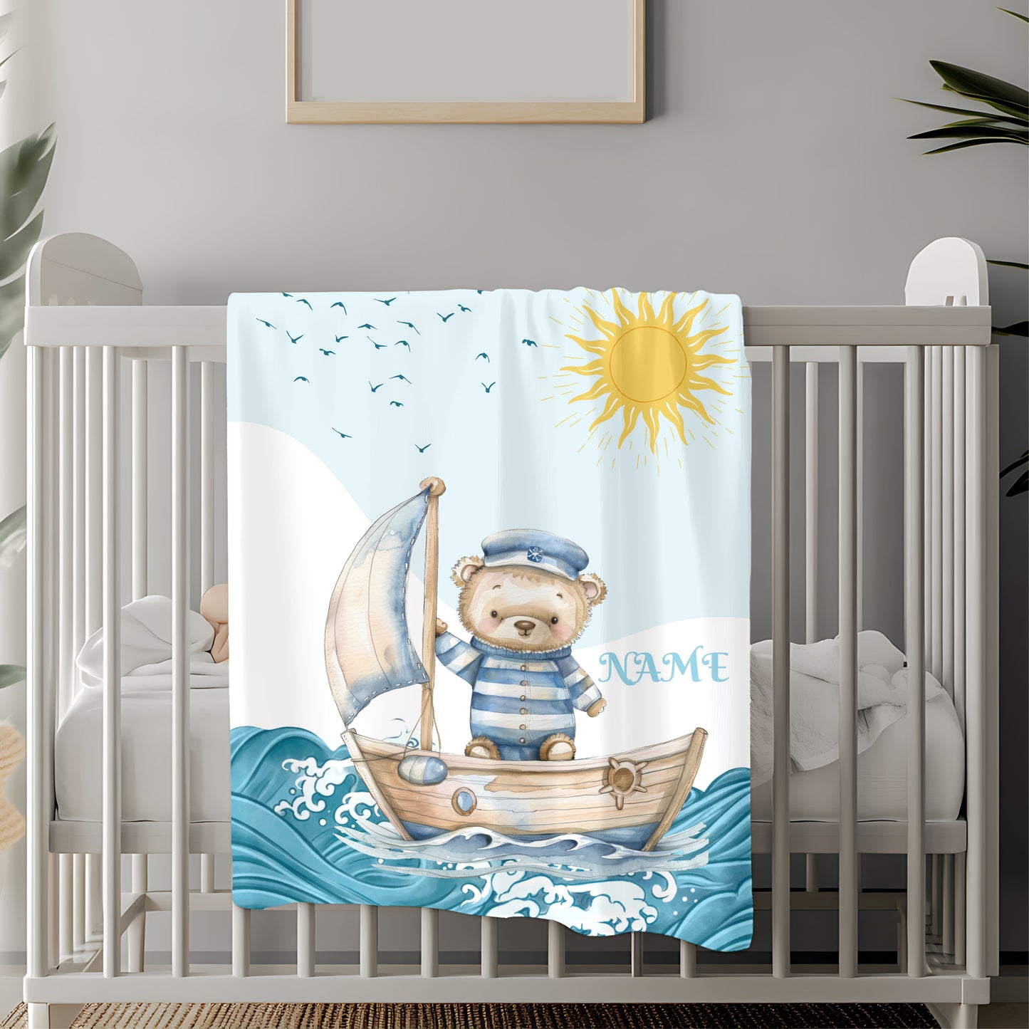 Nautical Bear Plush Blanket, Personalized Baby Blanket, Nursery Decor, Gift for New Parents, Cozy Blanket for Kids
