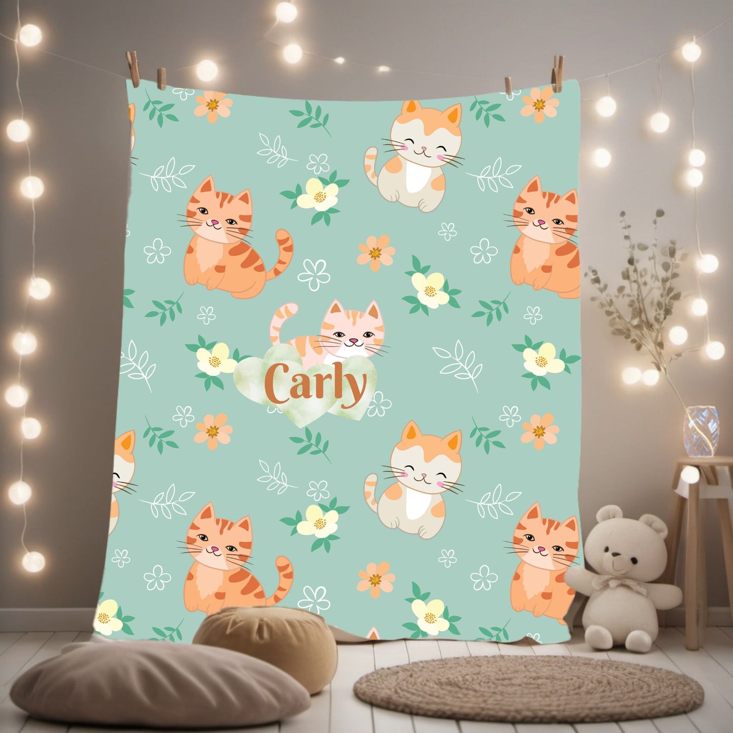 Personalized Cat Plush Blanket, Cozy Throw for Cat Lovers, Gift for Kids, Custom Name Blanket, Cat Lover Home Decor, Cute Floral Blanket
