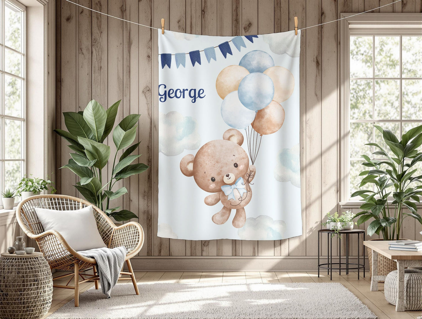 Personalized Velveteen Plush Blanket with Teddy Bear Design, Cozy Baby Gift, Nursery Decor, Baby Shower Blanket, Soft Baby Blanket