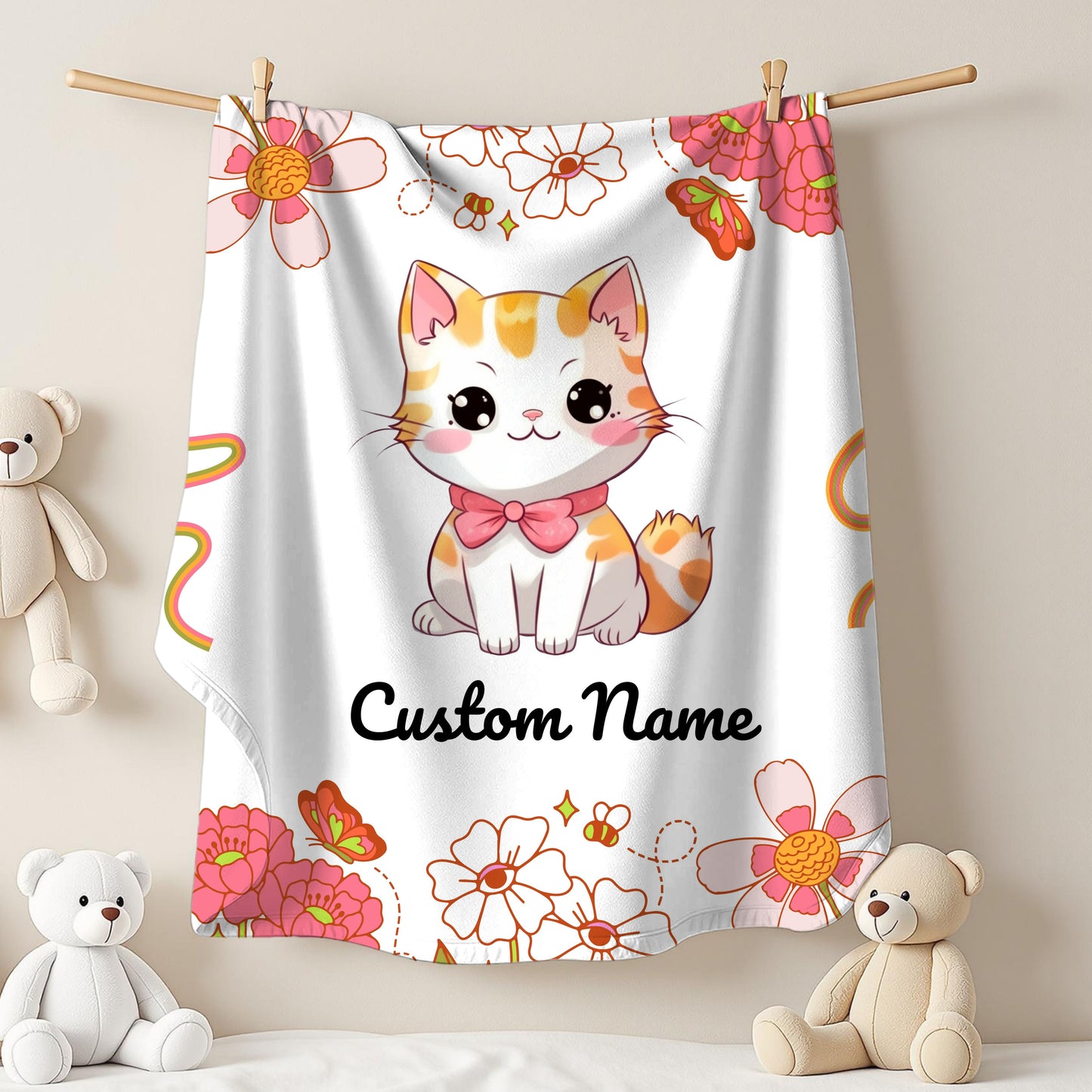 Custom Cat Plush Blanket, Personalized Velveteen Blanket for Kids, Cozy Cat Themed Gift, Baby Shower Blanket, Floral Comfort Throw