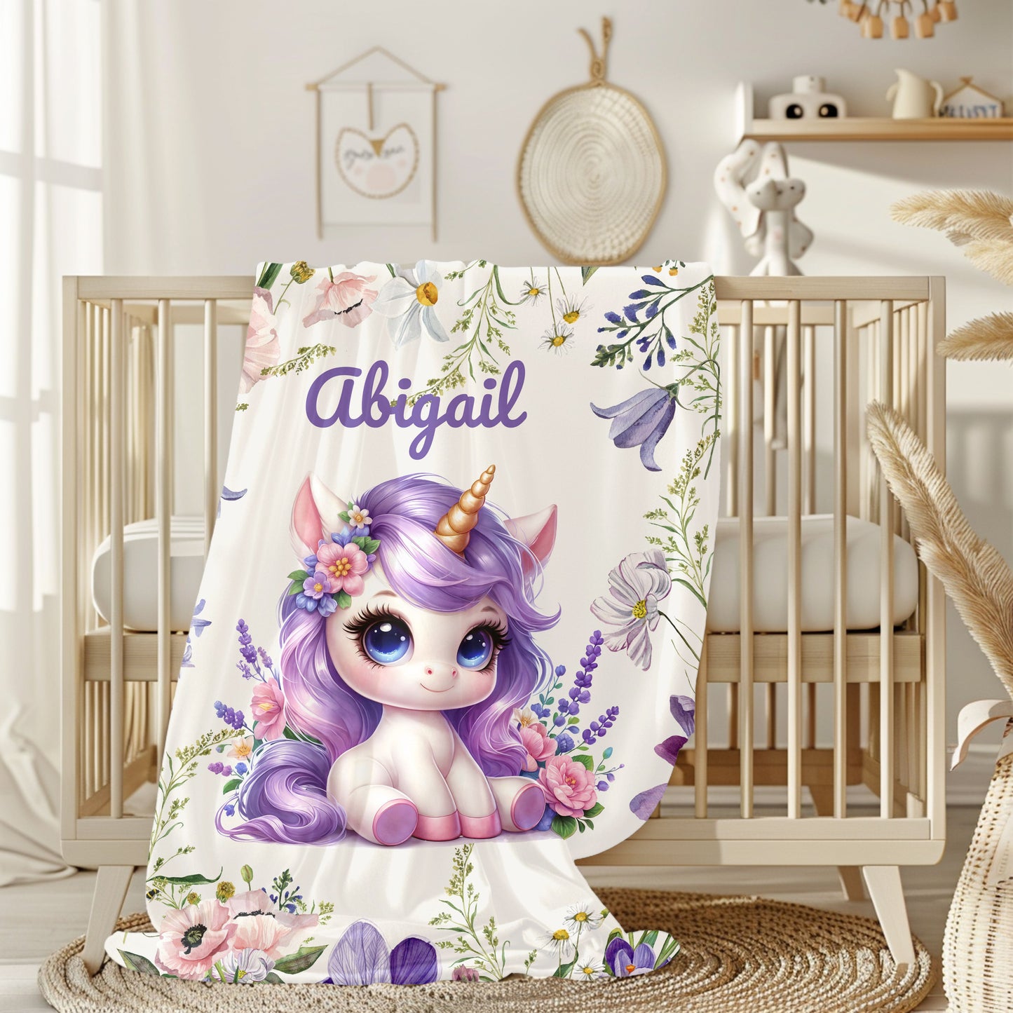 Personalized Unicorn Plush Blanket, Cozy Child's Blanket, Gift for Kids, Floral Throw, Child's Room Decor, Baby Shower Gift