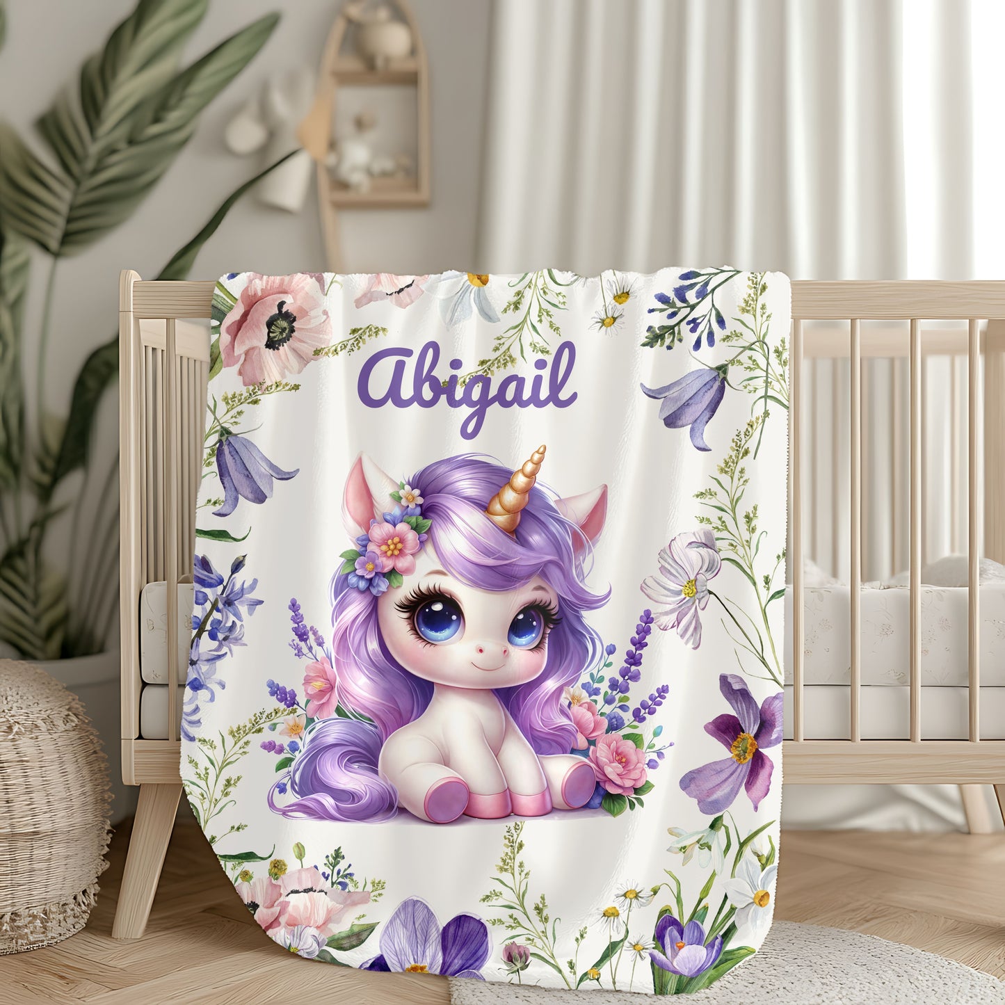 Personalized Unicorn Plush Blanket, Cozy Child's Blanket, Gift for Kids, Floral Throw, Child's Room Decor, Baby Shower Gift