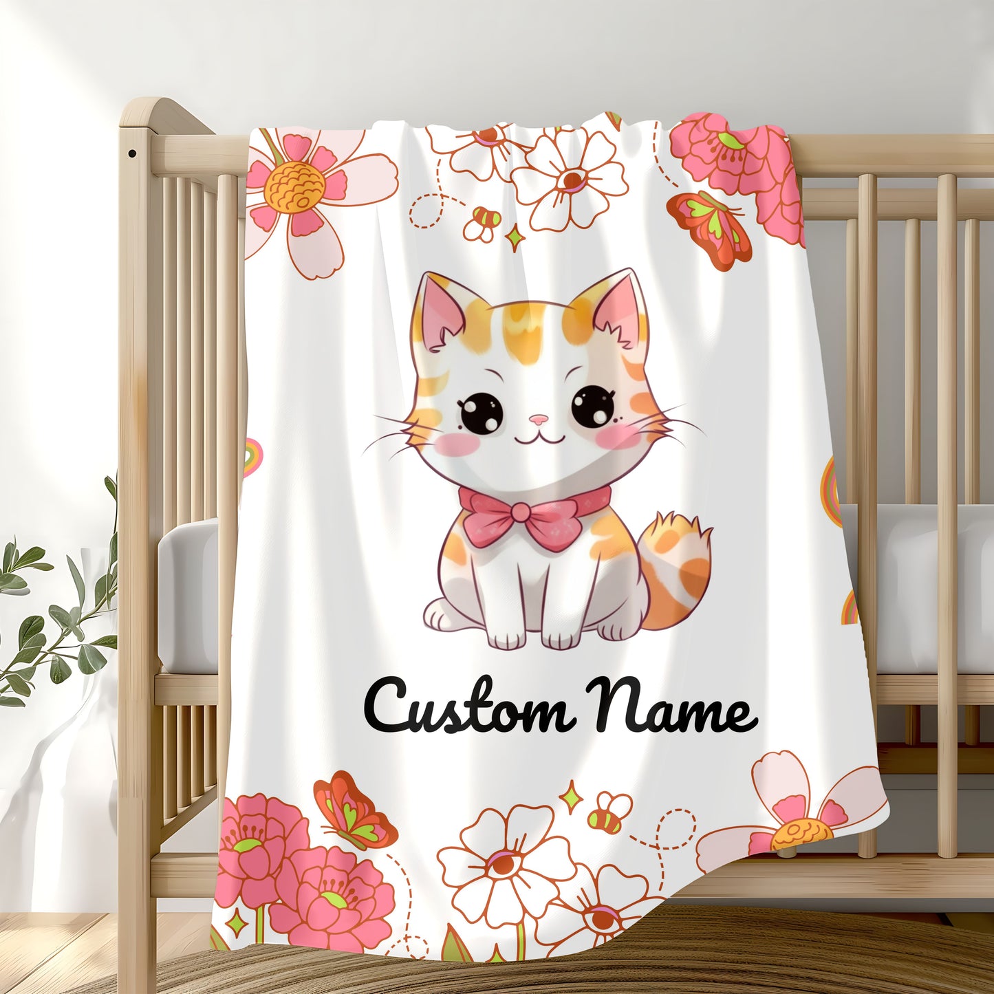 Custom Cat Plush Blanket, Personalized Velveteen Blanket for Kids, Cozy Cat Themed Gift, Baby Shower Blanket, Floral Comfort Throw