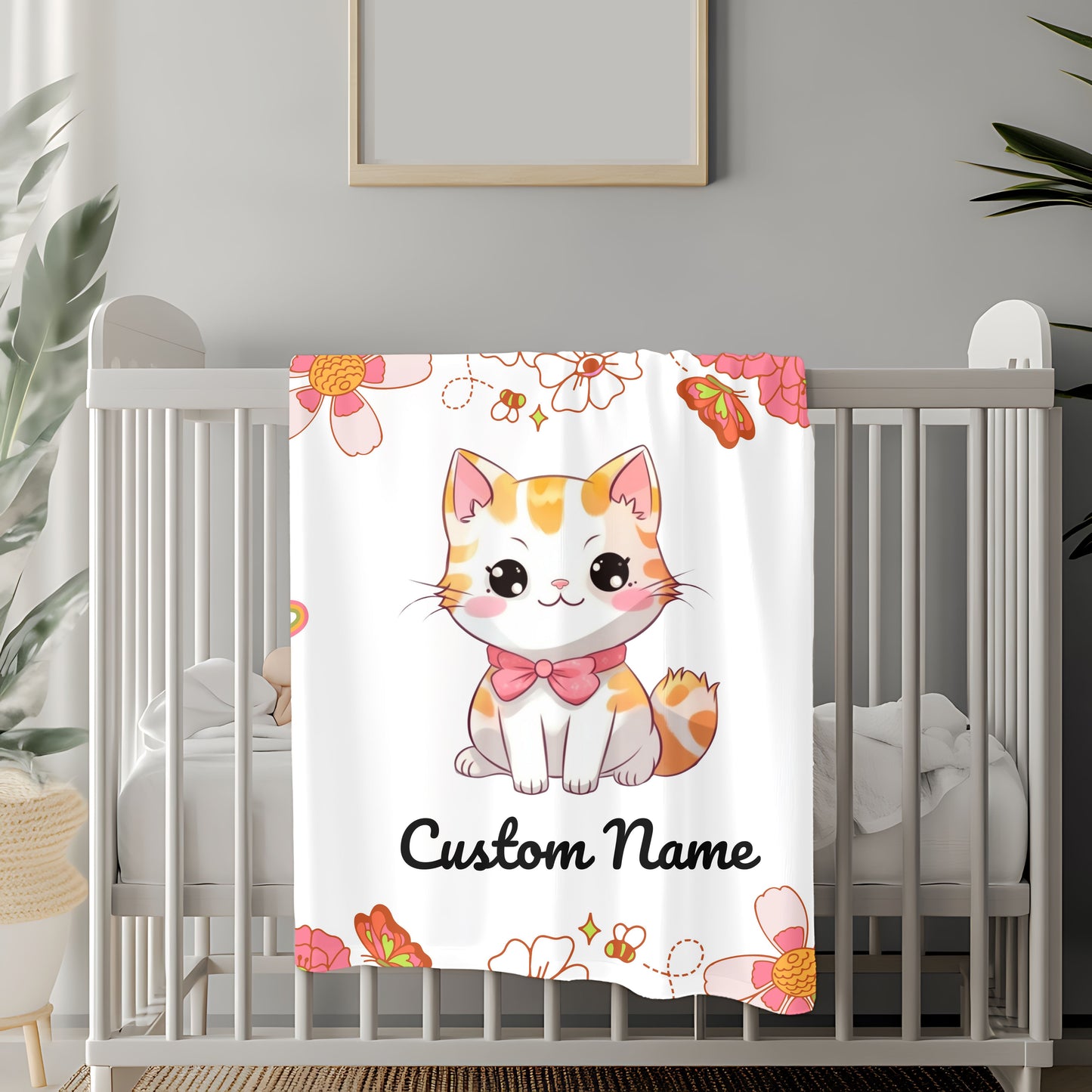Custom Cat Plush Blanket, Personalized Velveteen Blanket for Kids, Cozy Cat Themed Gift, Baby Shower Blanket, Floral Comfort Throw