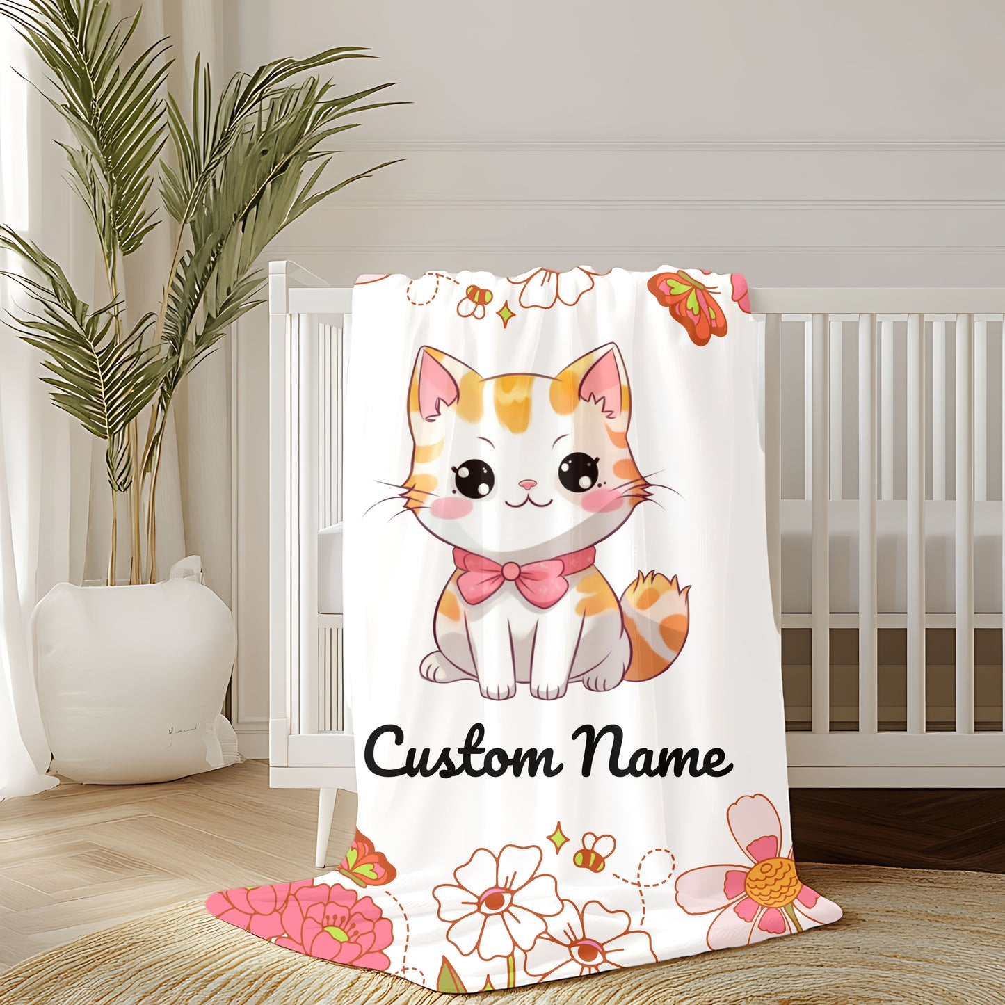 Custom Cat Plush Blanket, Personalized Velveteen Blanket for Kids, Cozy Cat Themed Gift, Baby Shower Blanket, Floral Comfort Throw