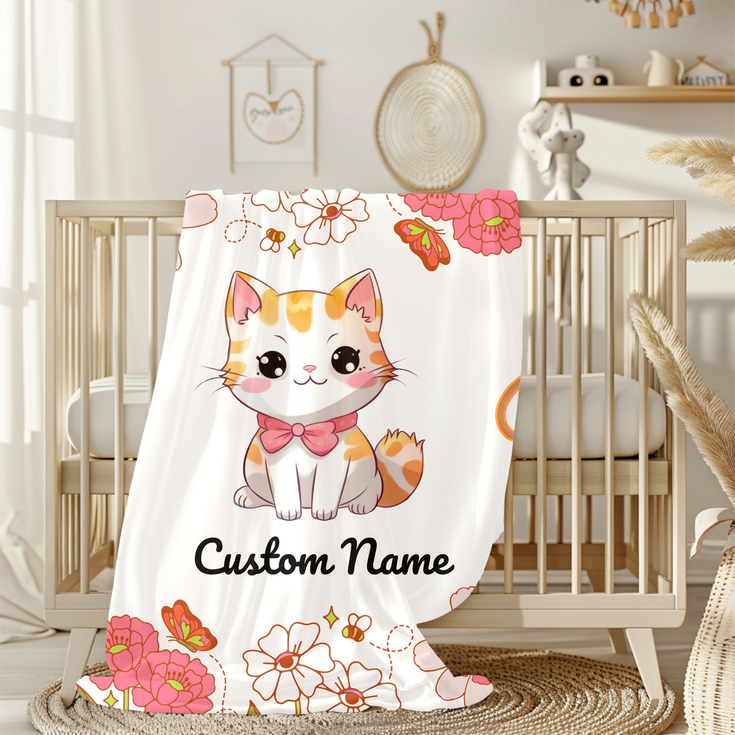 Custom Cat Plush Blanket, Personalized Velveteen Blanket for Kids, Cozy Cat Themed Gift, Baby Shower Blanket, Floral Comfort Throw