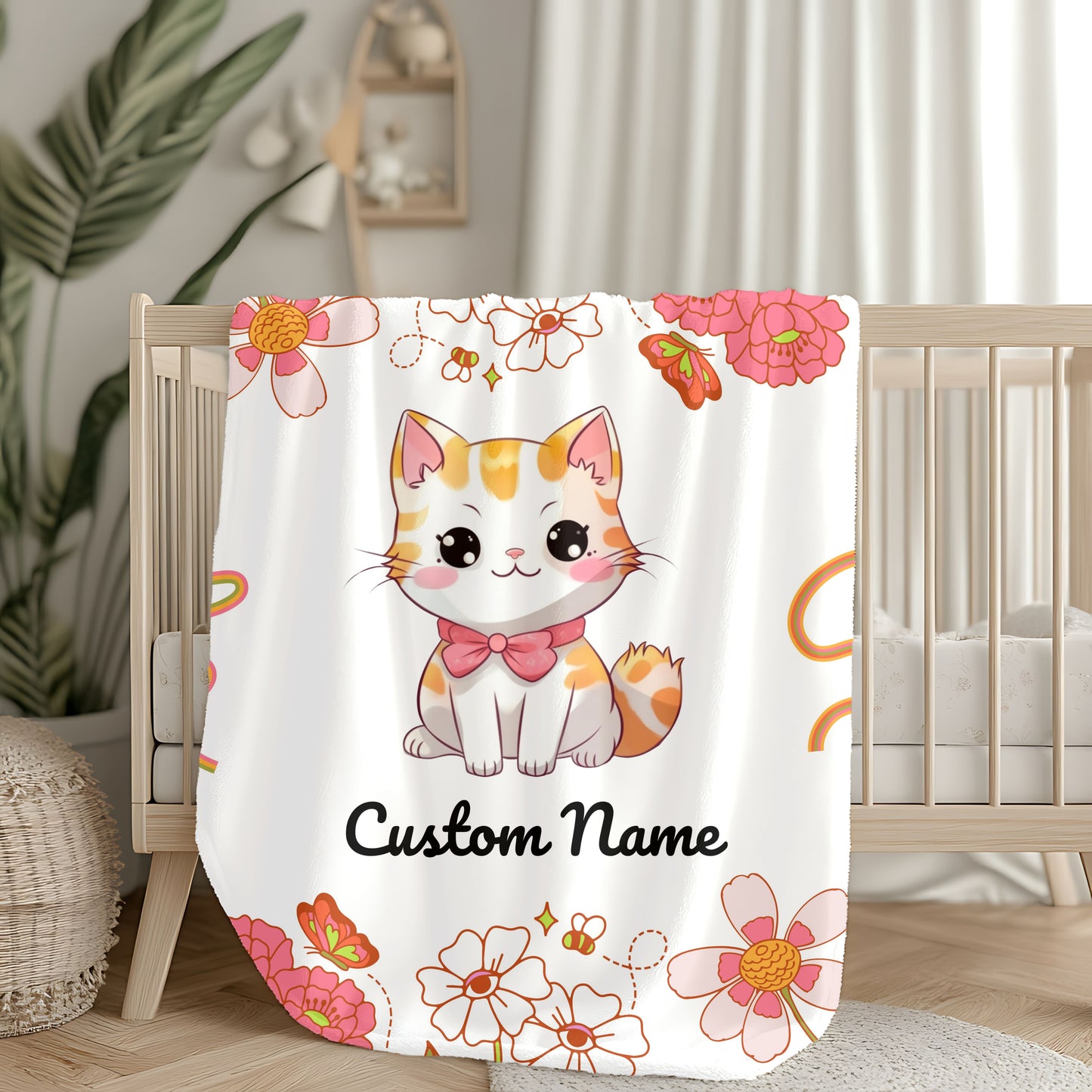 Custom Cat Plush Blanket, Personalized Velveteen Blanket for Kids, Cozy Cat Themed Gift, Baby Shower Blanket, Floral Comfort Throw