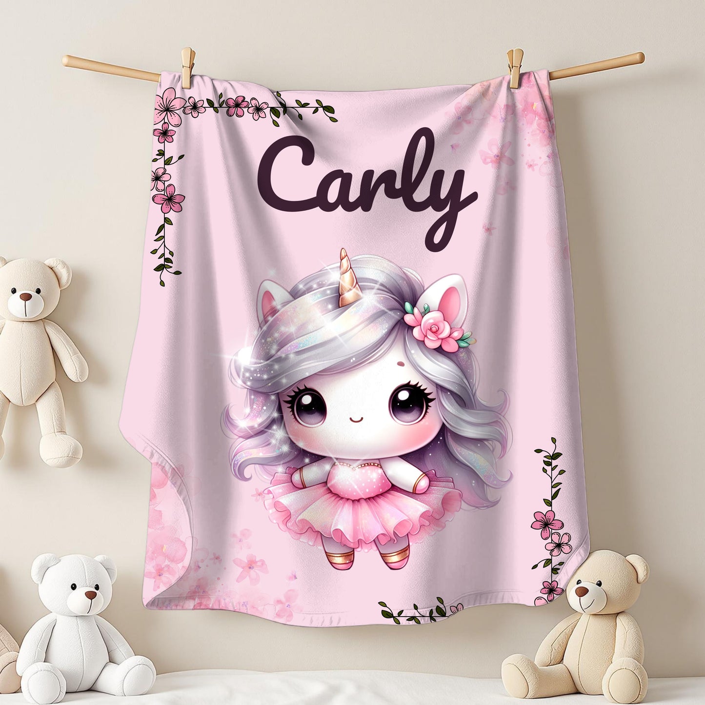 Customized Unicorn Velveteen Plush Blanket, Kid's Gift, Nursery Decor, Cozy Throw, Personalized Blanket, Birthday Present