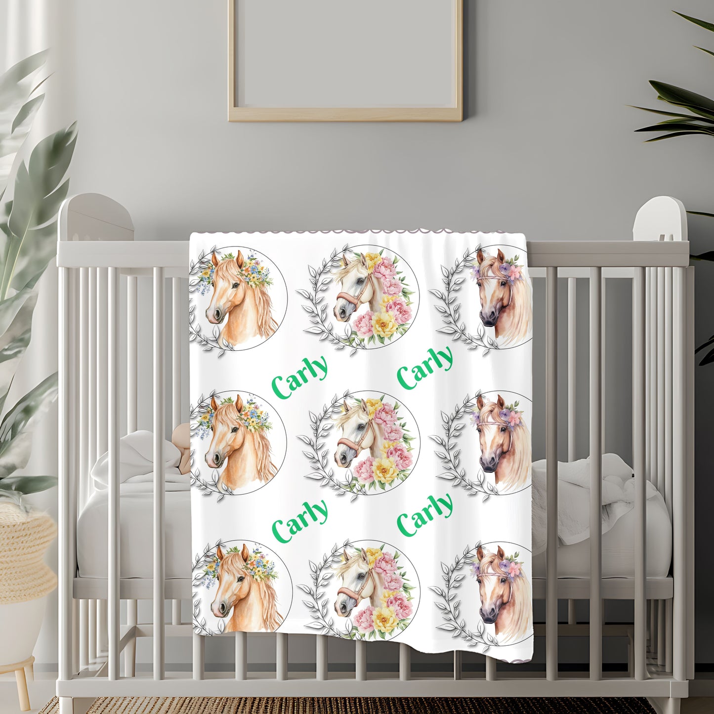 Personalized Horse Lover's Blanket, Velveteen Plush Blanket, Cozy Gift for Kids, Horse-Themed Decor, Unique Nursery Item