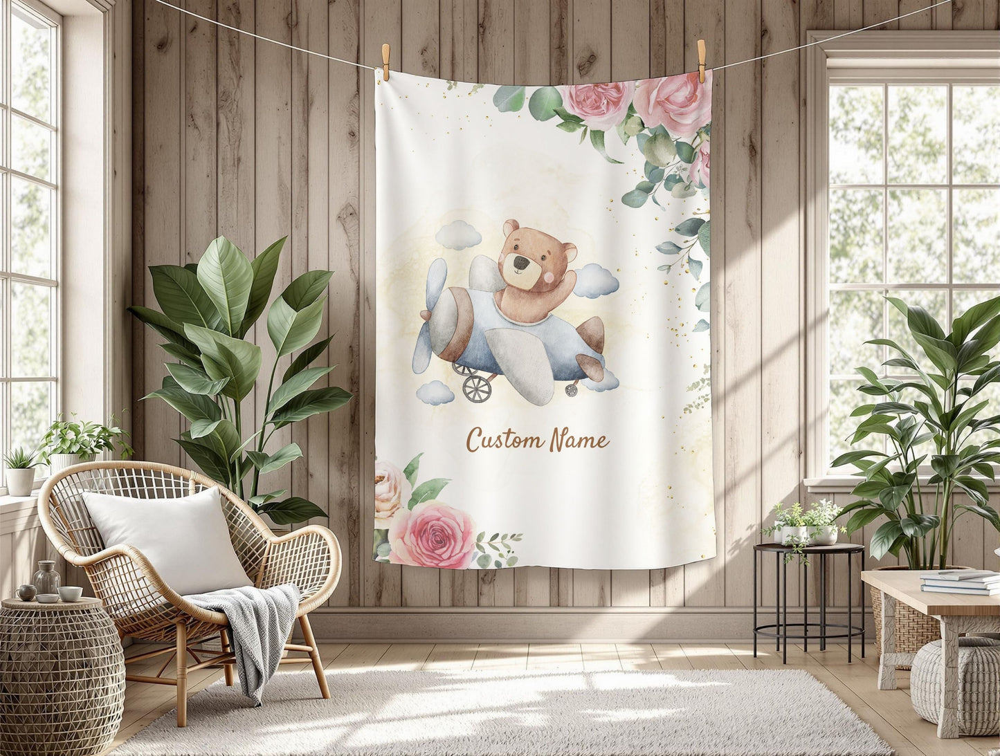 Personalized Velveteen Plush Blanket with Custom Name, Kids Blanket, Nursery Decor, Baby Shower Gift, Floral Bear Design