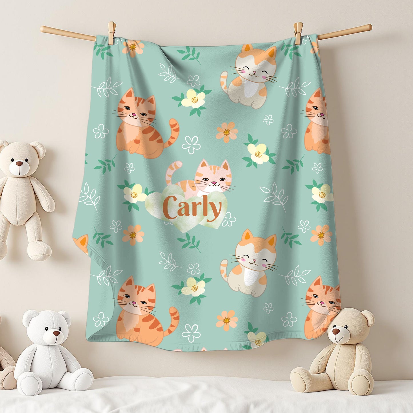 Personalized Cat Plush Blanket, Cozy Throw for Cat Lovers, Gift for Kids, Custom Name Blanket, Cat Lover Home Decor, Cute Floral Blanket