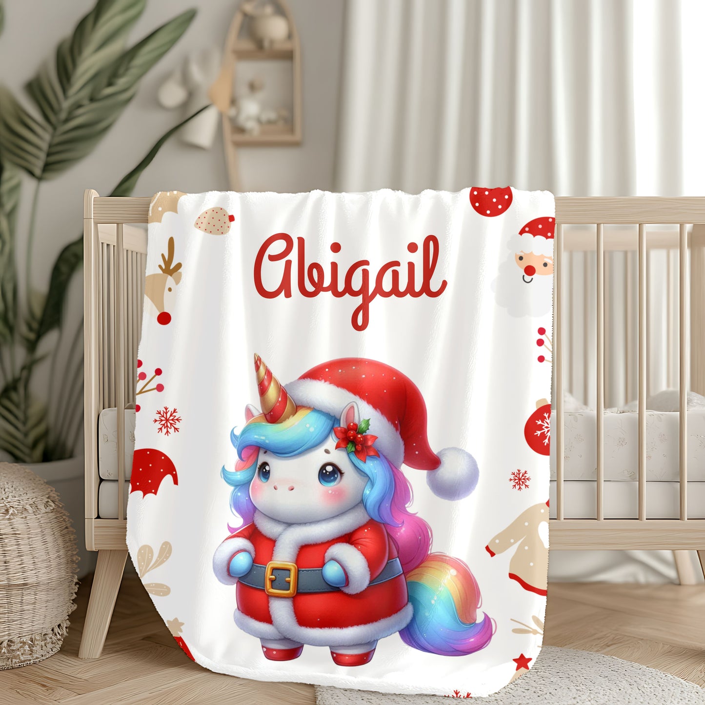 Christmas Unicorn Plush Blanket, Personalized Holiday Throw, Cozy Kids Blanket, Unicorn Gifts, Winter Decor