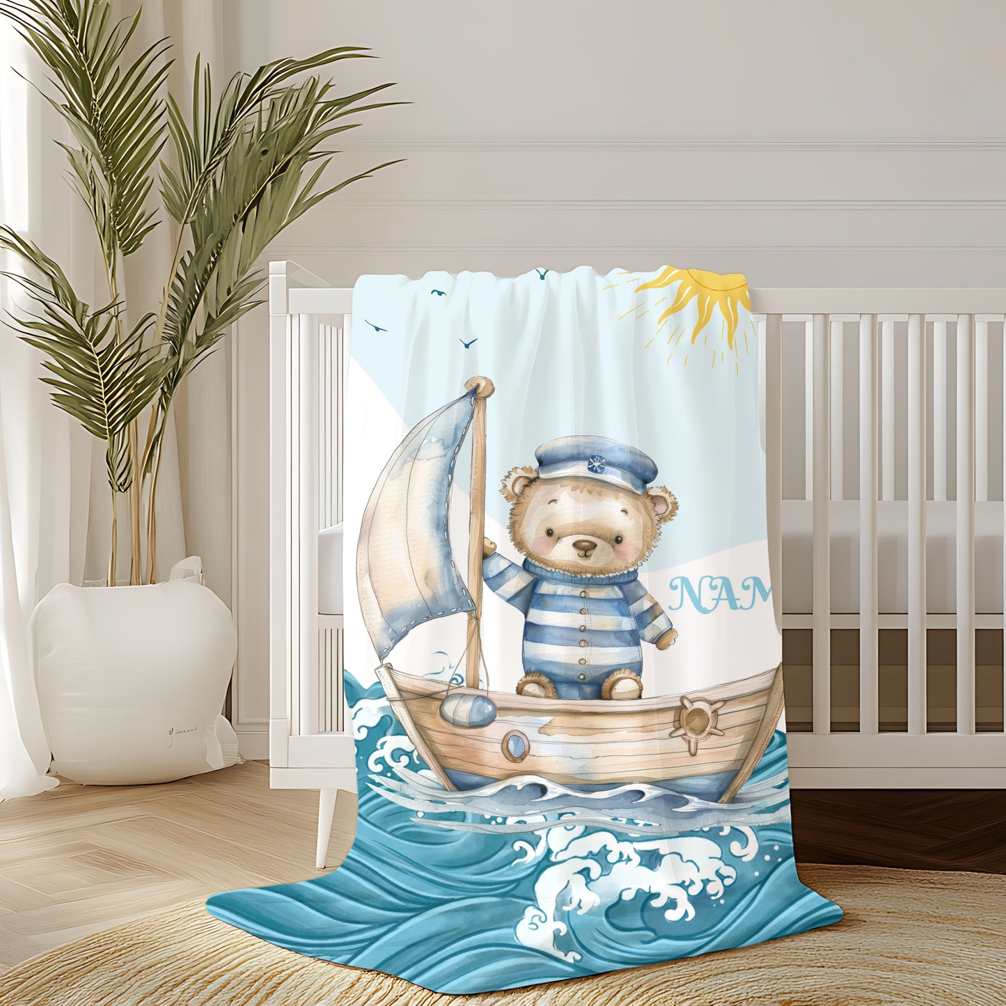 Nautical Bear Plush Blanket, Personalized Baby Blanket, Nursery Decor, Gift for New Parents, Cozy Blanket for Kids