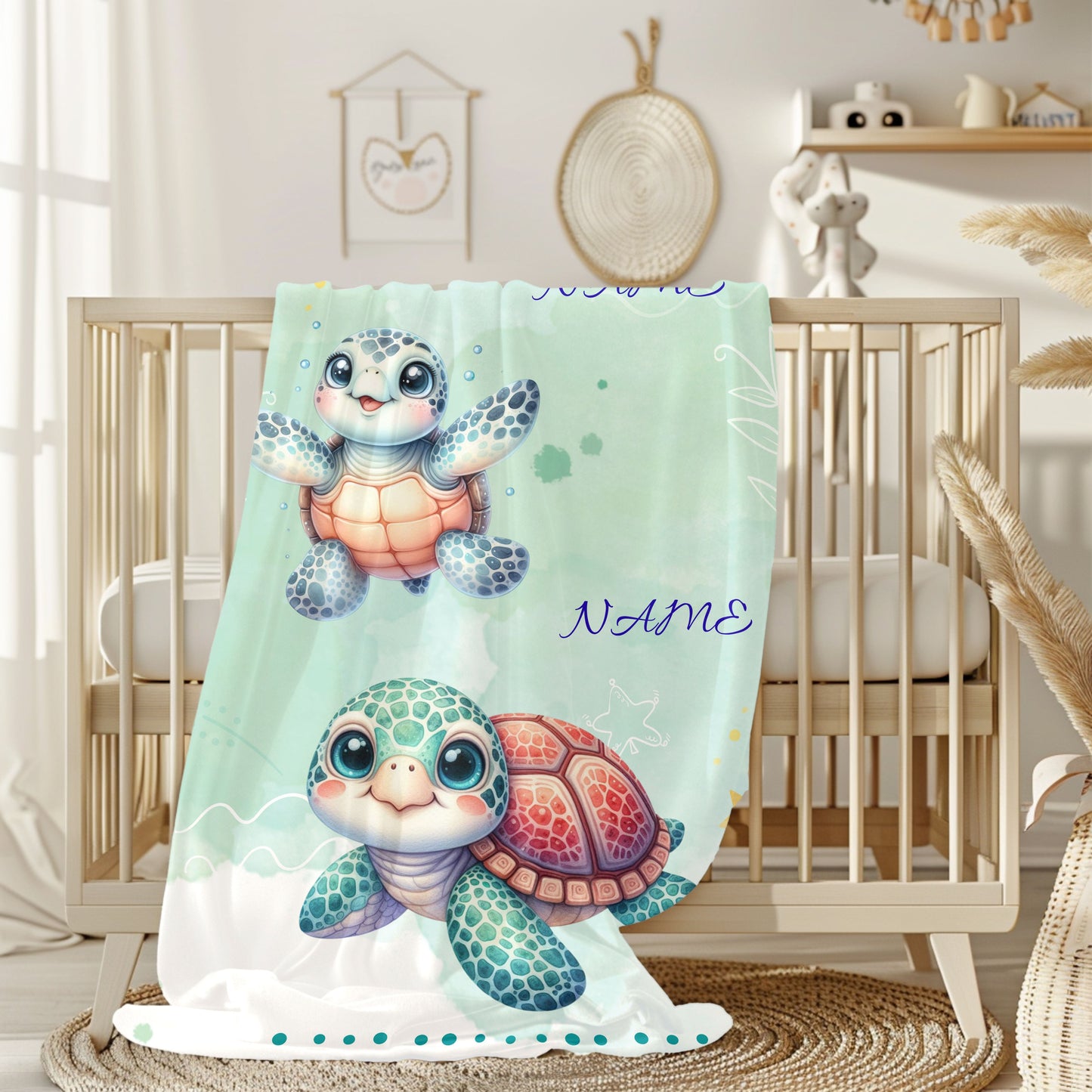 Personalized Turtle Plush Blanket, Baby Shower Gift, Nursery Decor, Soft Throw Blanket, Birthday Present