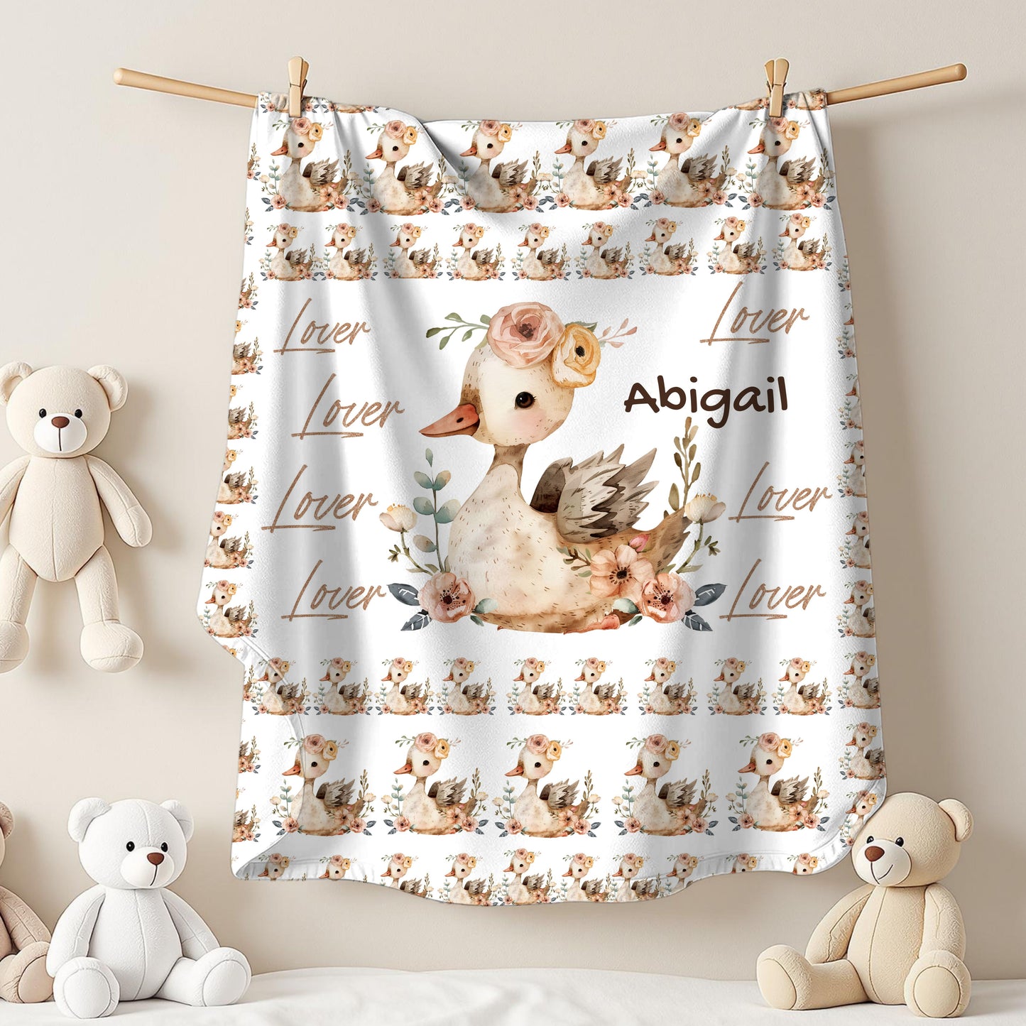 Personalized Velveteen Plush Blanket with Floral Duck Design | Cozy Gift for Baby Nursery, Birthday, Baby Shower, New Parents