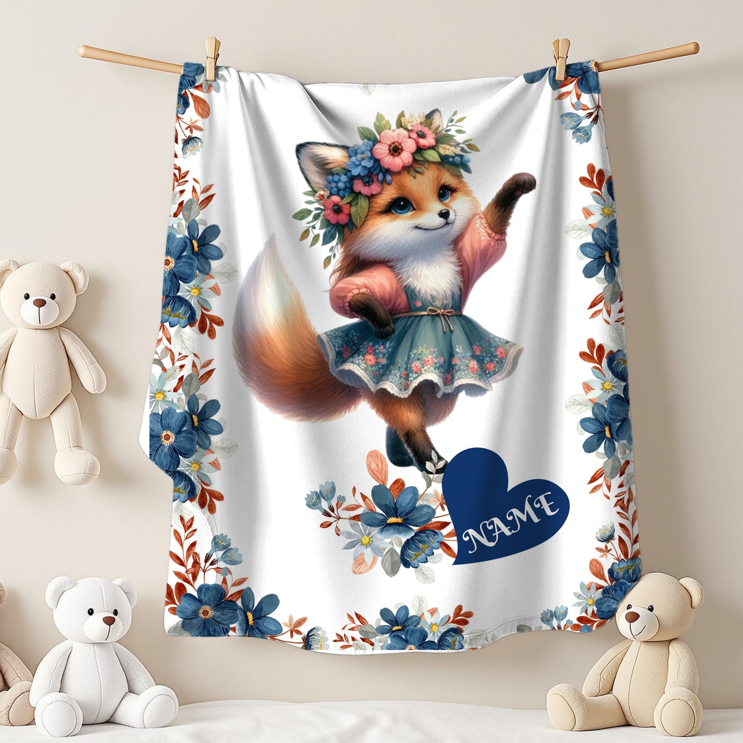 Floral Fox Plush Blanket, Custom Velveteen Blanket, Cozy Throw for Kids, Nursery Decor, Perfect Gift for Birthdays, Baby Showers