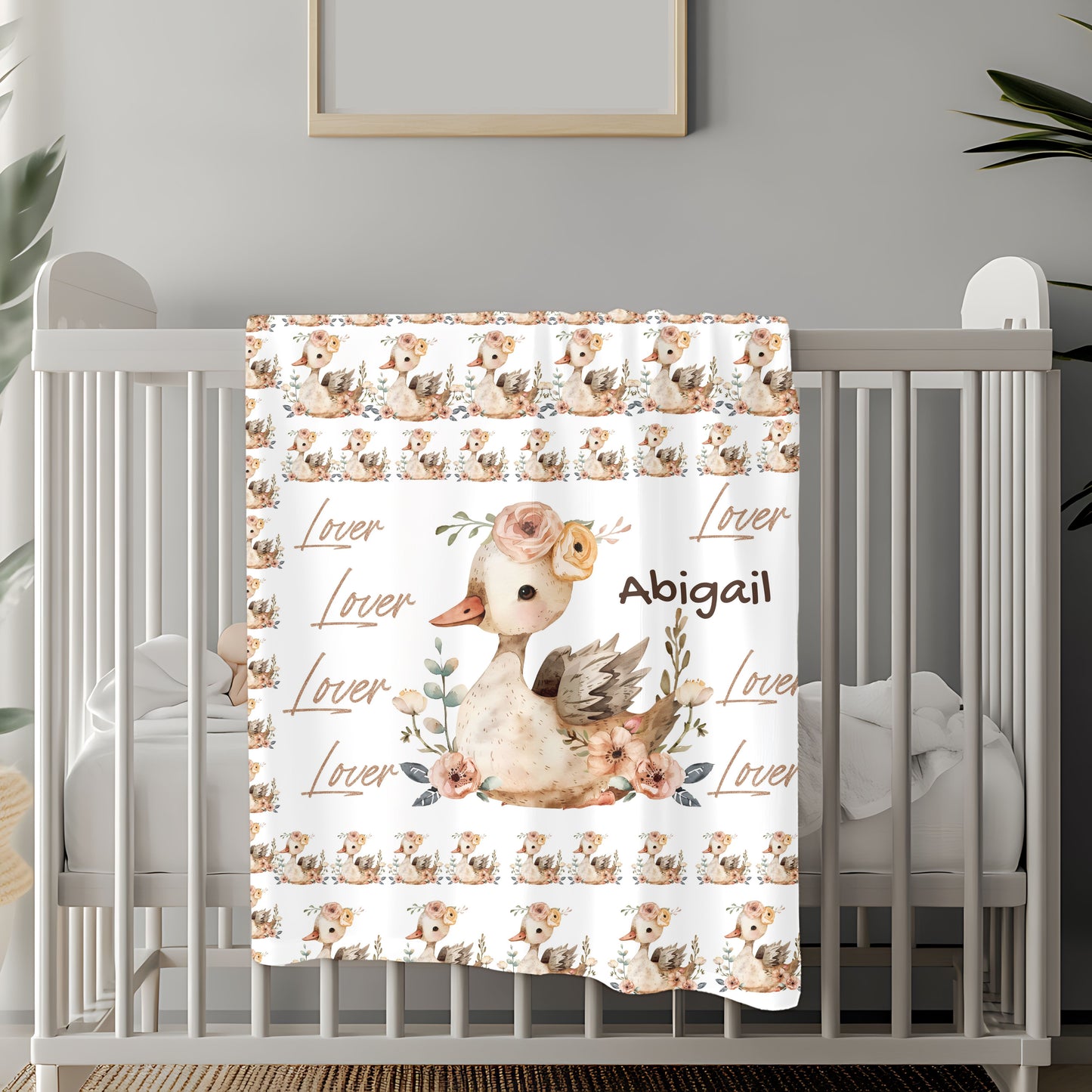Personalized Velveteen Plush Blanket with Floral Duck Design | Cozy Gift for Baby Nursery, Birthday, Baby Shower, New Parents