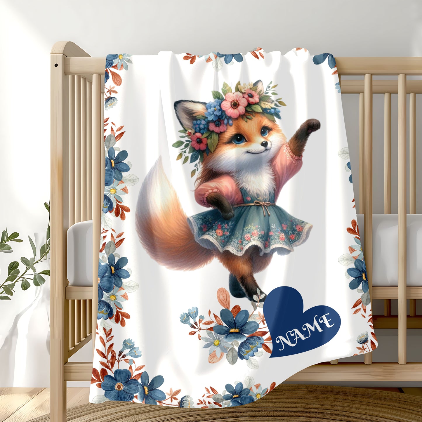 Floral Fox Plush Blanket, Custom Velveteen Blanket, Cozy Throw for Kids, Nursery Decor, Perfect Gift for Birthdays, Baby Showers