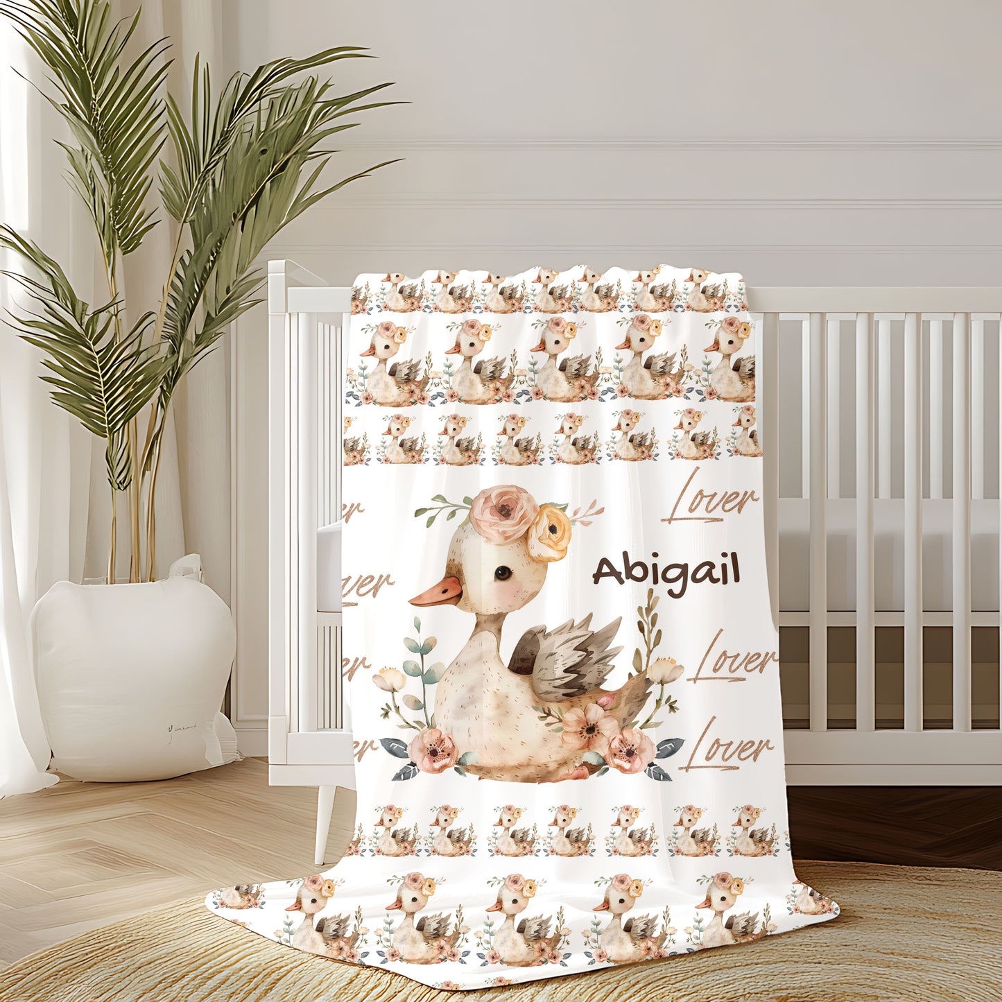 Personalized Velveteen Plush Blanket with Floral Duck Design | Cozy Gift for Baby Nursery, Birthday, Baby Shower, New Parents
