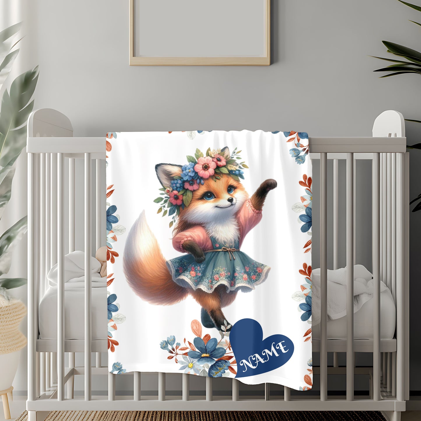 Floral Fox Plush Blanket, Custom Velveteen Blanket, Cozy Throw for Kids, Nursery Decor, Perfect Gift for Birthdays, Baby Showers