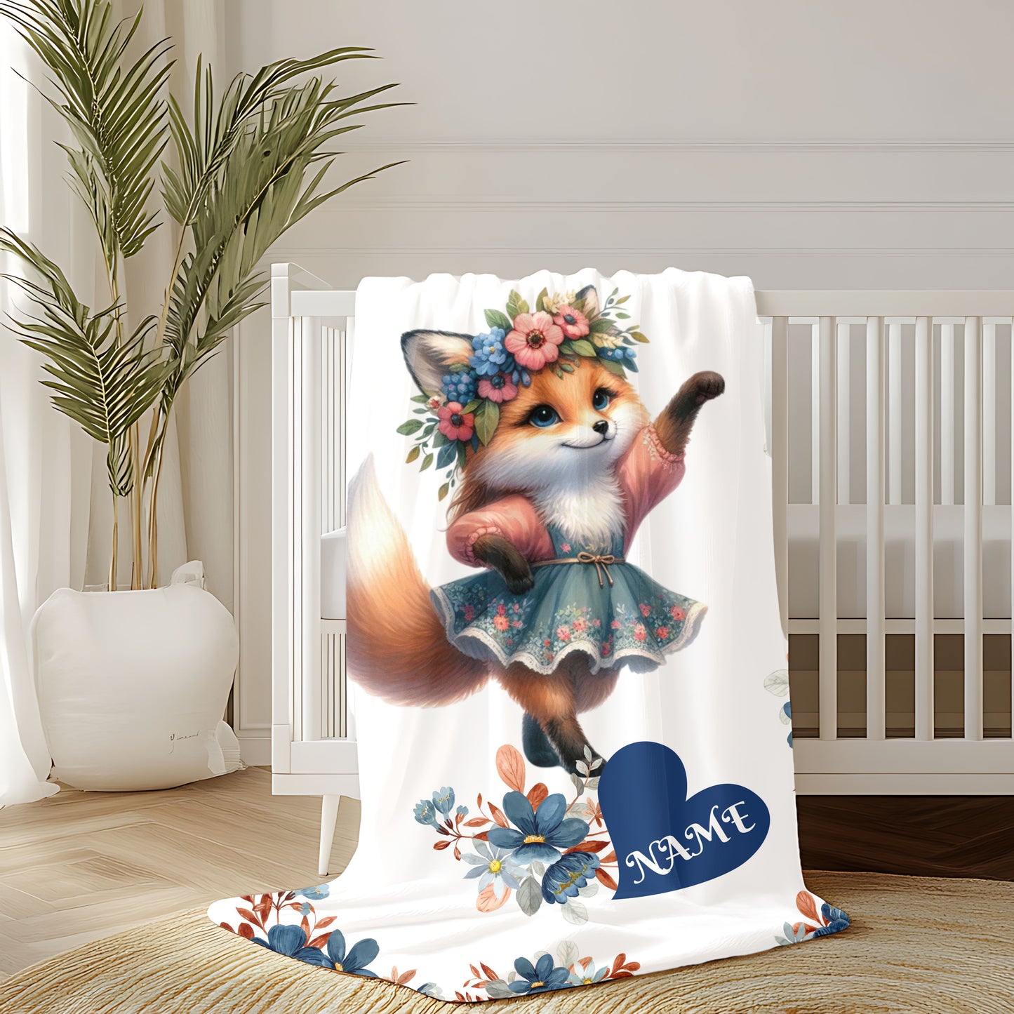 Floral Fox Plush Blanket, Custom Velveteen Blanket, Cozy Throw for Kids, Nursery Decor, Perfect Gift for Birthdays, Baby Showers